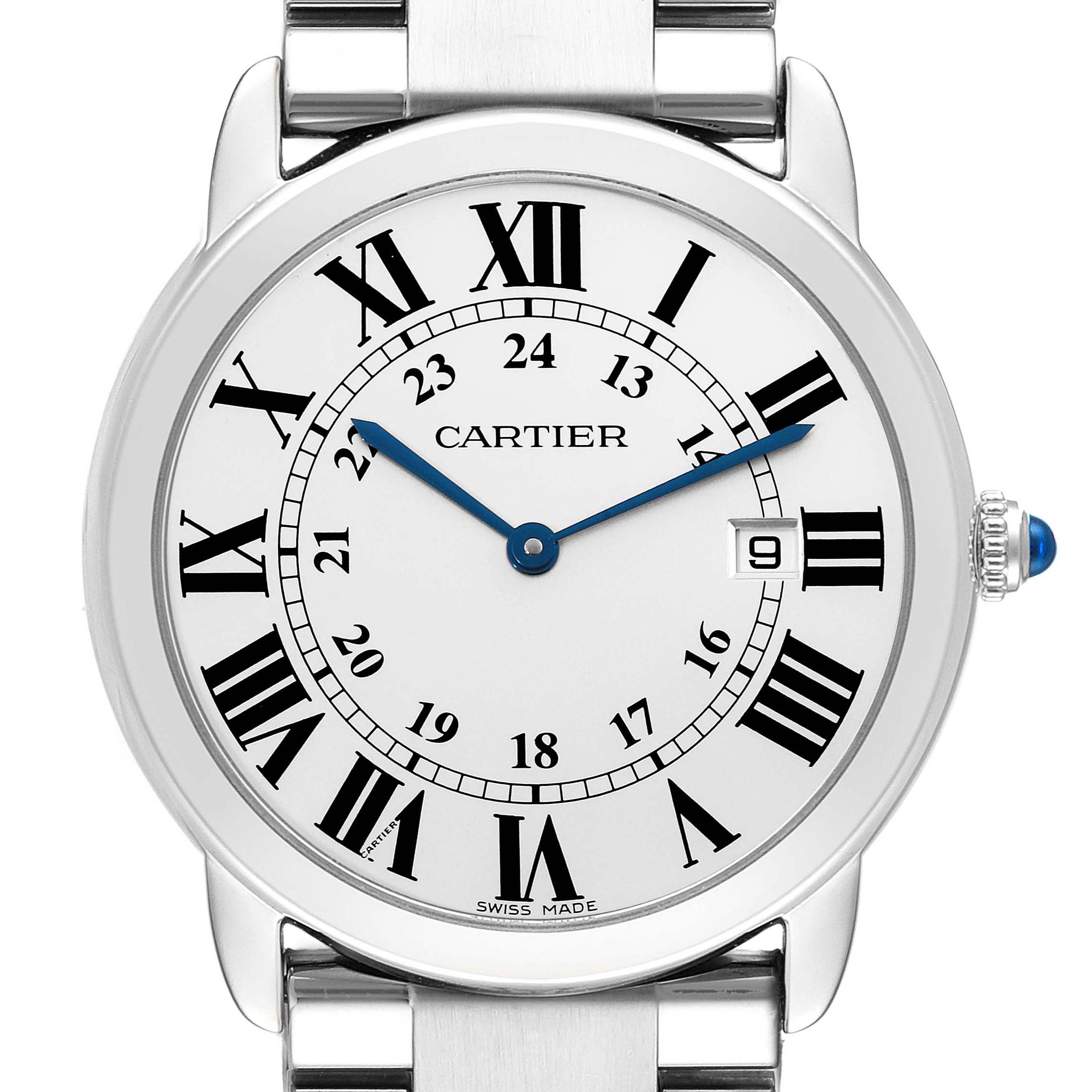 The image shows a front view of a Cartier Ronde W6701005 Men
s Stainless Steel Silver Dial W6701005 Men
s Stainless Steel Silver Dial model watch, featuring its dial, Roman numerals, hands, date window, and part of the bracelet.