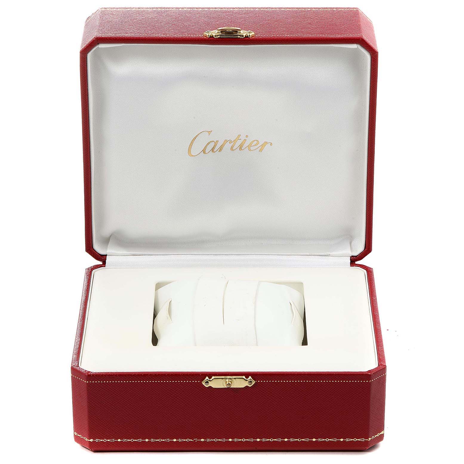 The image shows an open Cartier box for the Santos Demoiselle model watch, featuring the branded interior and white cushion.