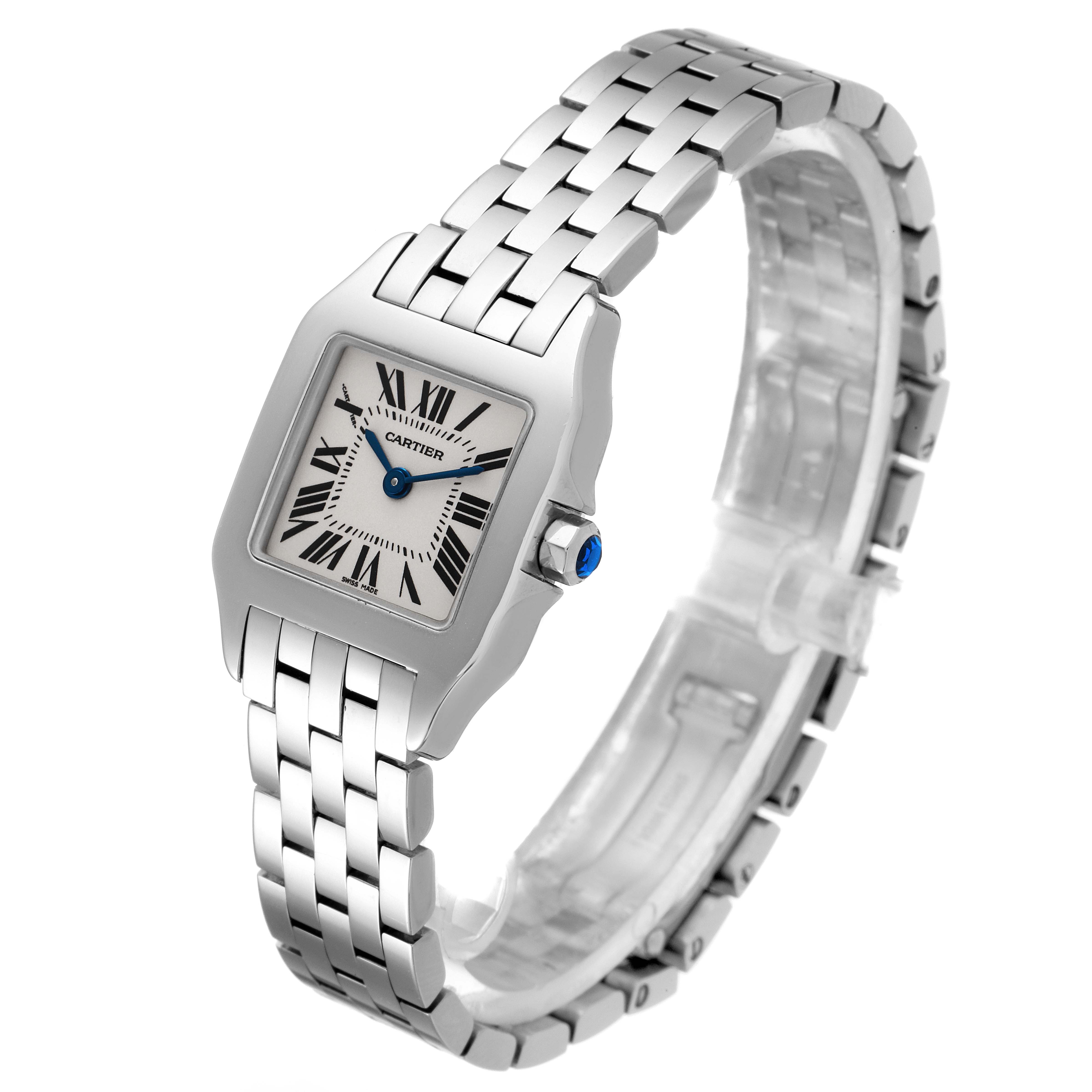 The image shows a Cartier Santos Demoiselle W25064Z5 Women
s Stainless Steel Silver Dial W25064Z5 Women
s Stainless Steel Silver Dial watch from a front angle, highlighting its dial, bezel, and bracelet.