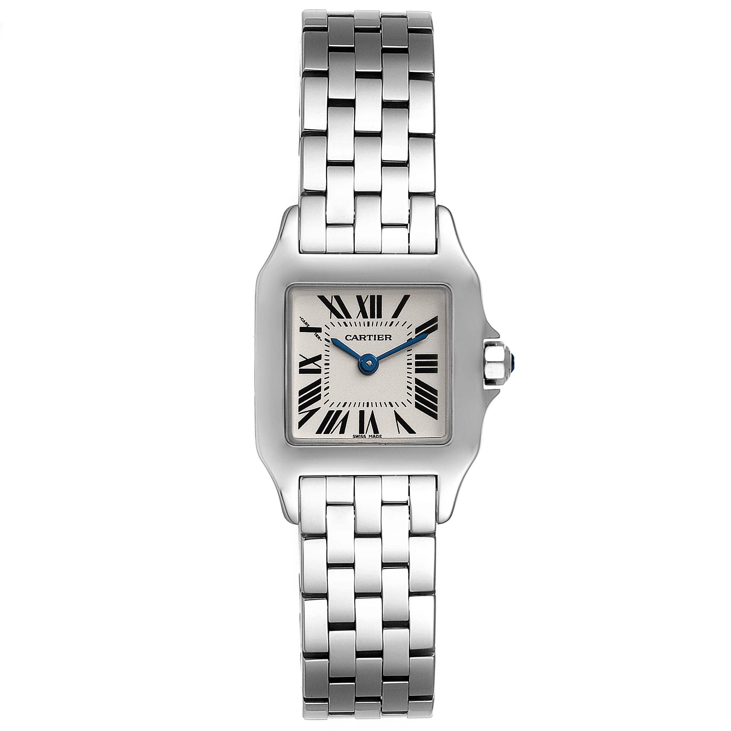 The image shows a Cartier Santos Demoiselle W25064Z5 Women
s Stainless Steel Silver Dial W25064Z5 Women
s Stainless Steel Silver Dial watch from a front angle, displaying its face, bezel, and metal bracelet.