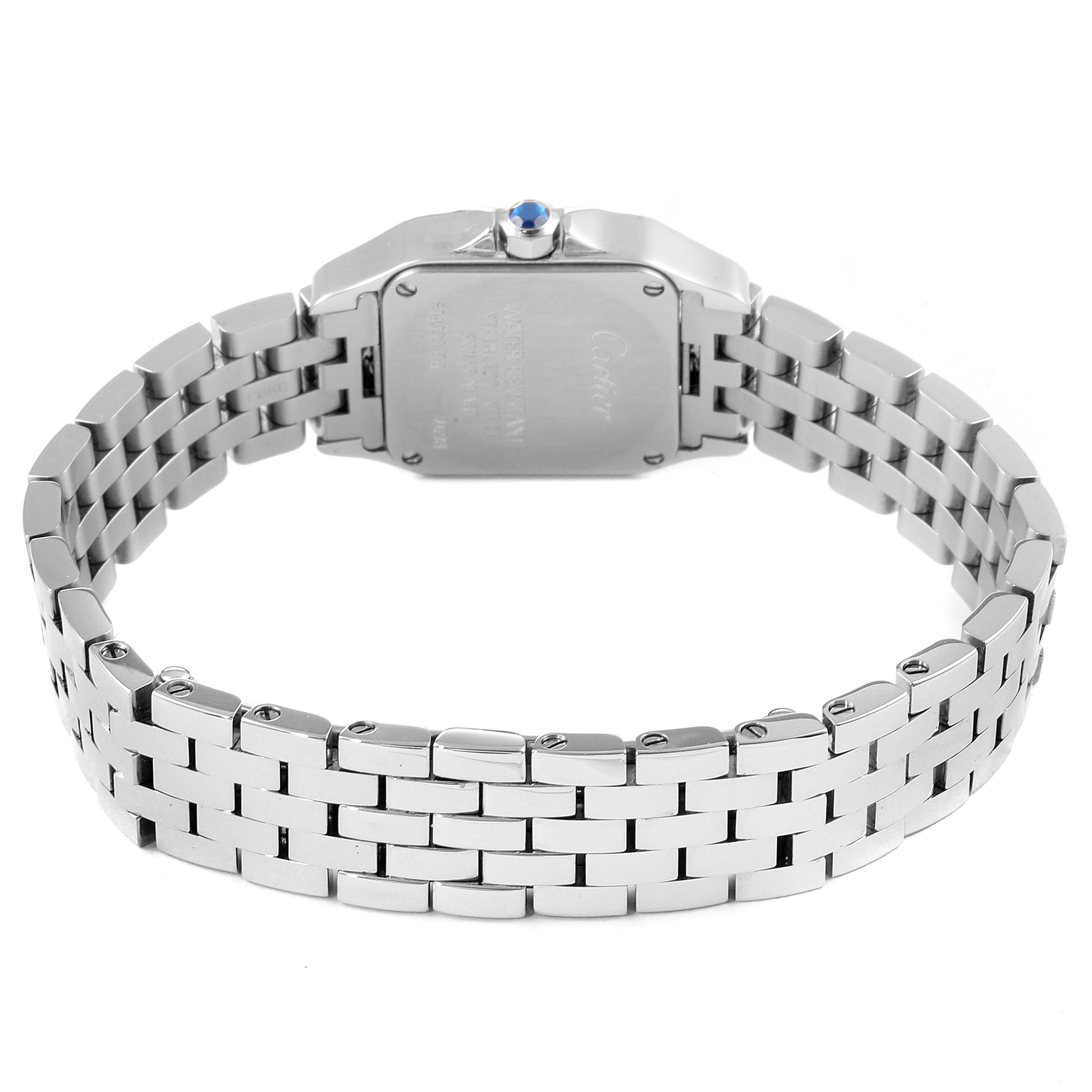 This image shows the back view of the Santos Demoiselle watch by Cartier, highlighting the bracelet and case back.