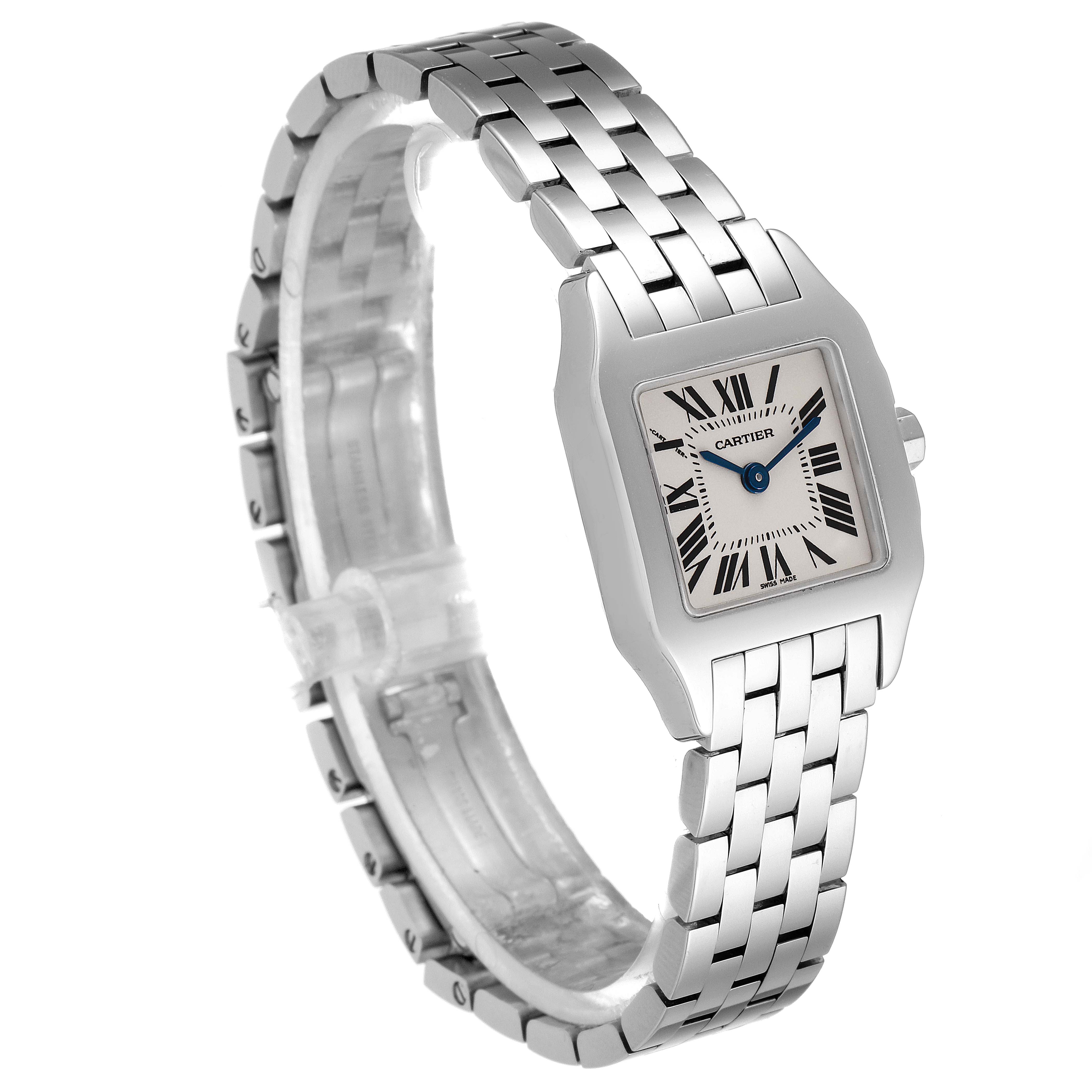 This image shows the Cartier Santos Demoiselle W25064Z5 Women
s Stainless Steel Silver Dial W25064Z5 Women
s Stainless Steel Silver Dial watch, viewed at a slight angle highlighting its bracelet, case, and face.
