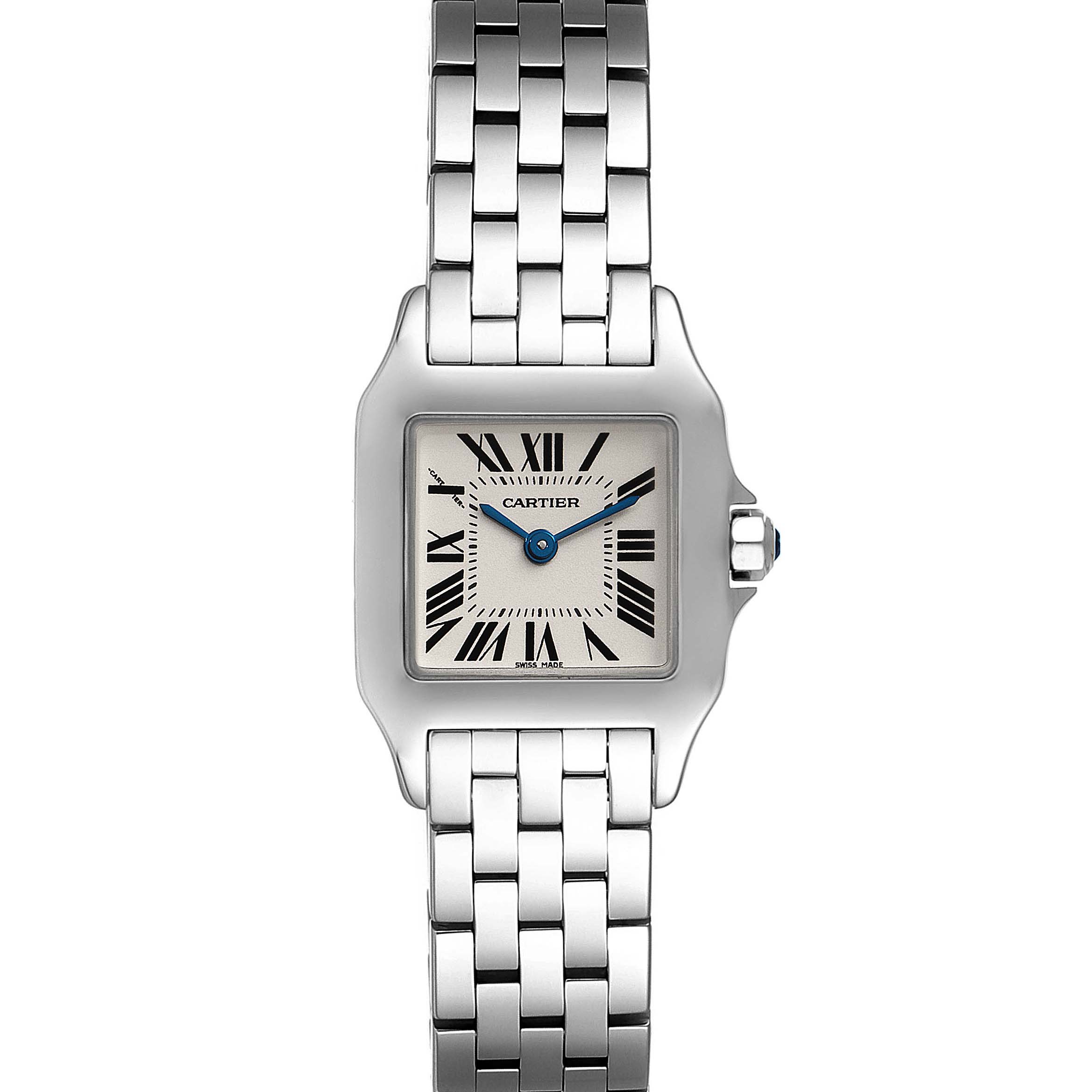 This image shows a front view of the Cartier Santos Demoiselle W25064Z5 Women
s Stainless Steel Silver Dial W25064Z5 Women
s Stainless Steel Silver Dial watch, highlighting the face, bezel, and bracelet.