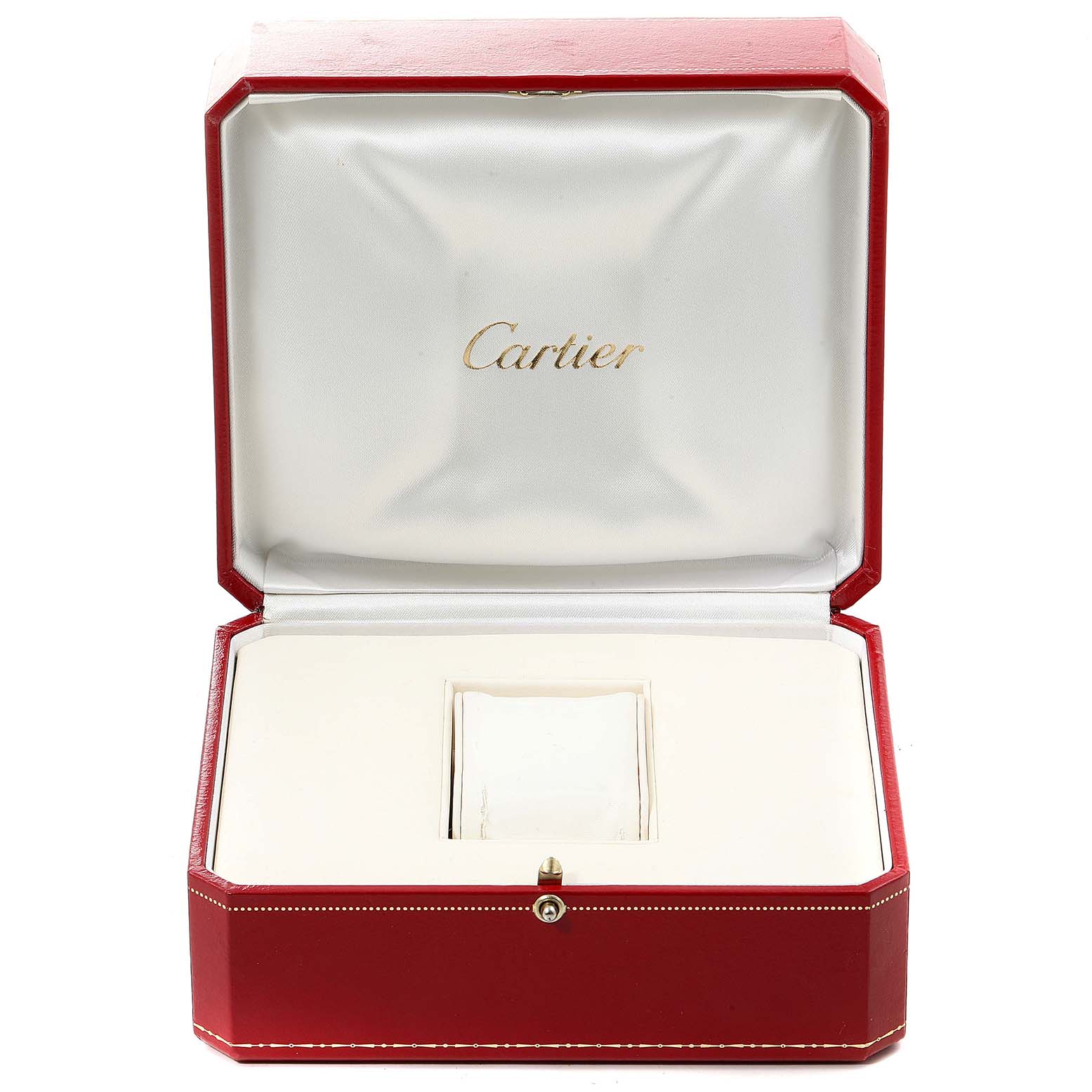 The image shows an open red Cartier box designed for a Santos Demoiselle model watch, revealing the cushion inside.