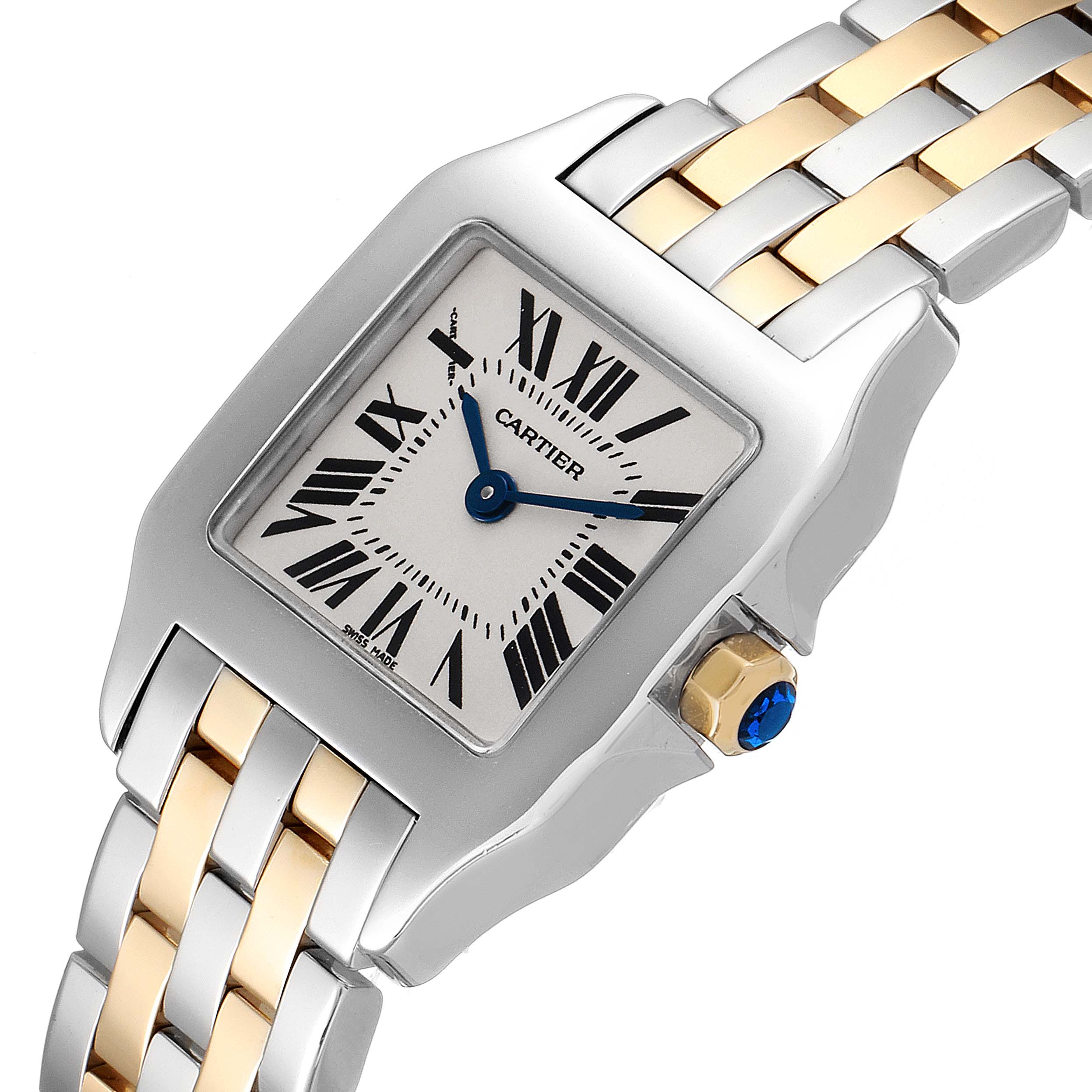 The image shows a close-up view of the Cartier Santos Demoiselle W25066Z6 Women
s Steel and Gold (two tone) Silver Dial W25066Z6 Women
s Steel and Gold (two tone) Silver Dial watch, highlighting the bezel, dial, crown, and part of the bracelet.