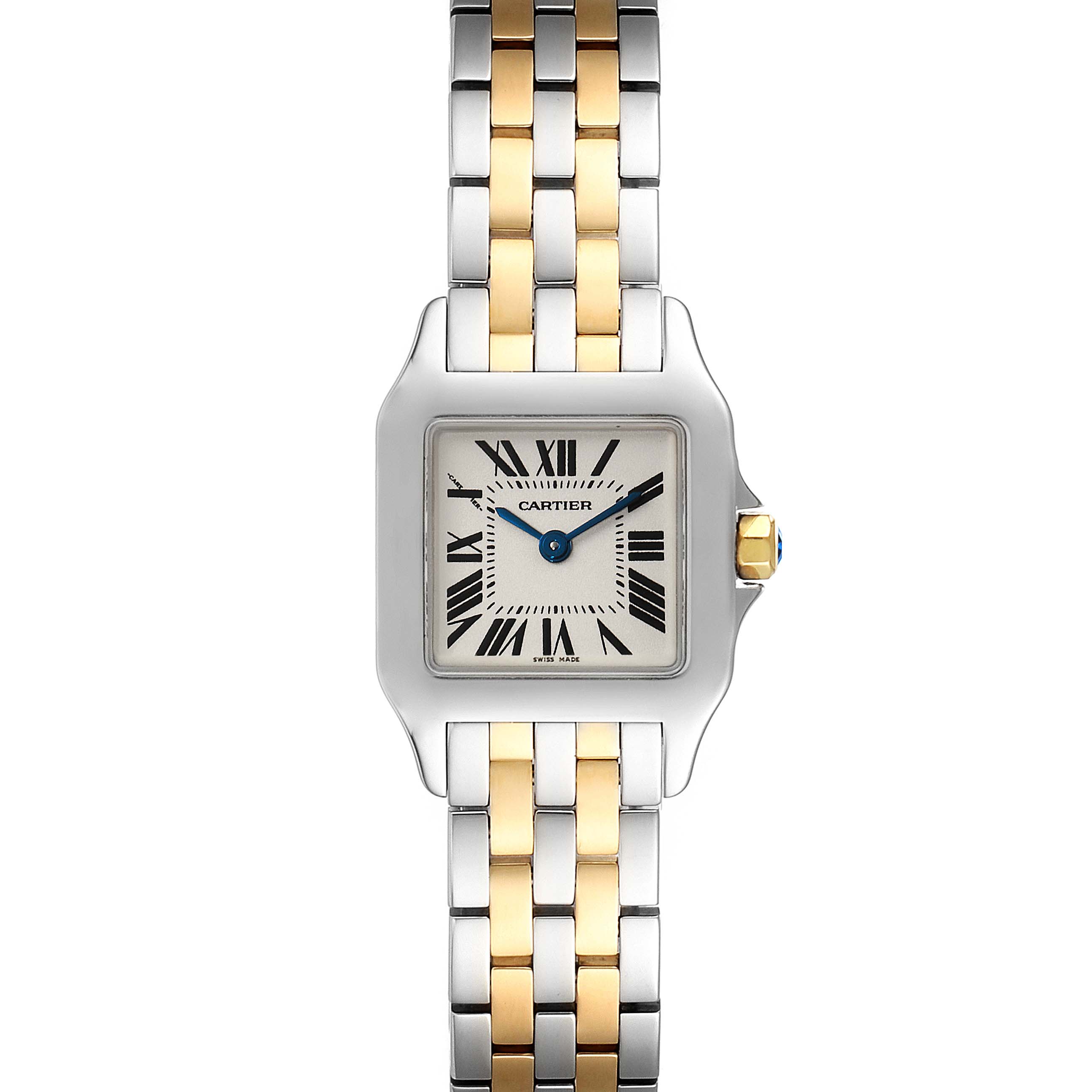 The image shows a frontal view of the Cartier Santos Demoiselle W25066Z6 Women
s Steel and Gold (two tone) Silver Dial W25066Z6 Women
s Steel and Gold (two tone) Silver Dial watch, displaying its face, hands, and bicolor bracelet.