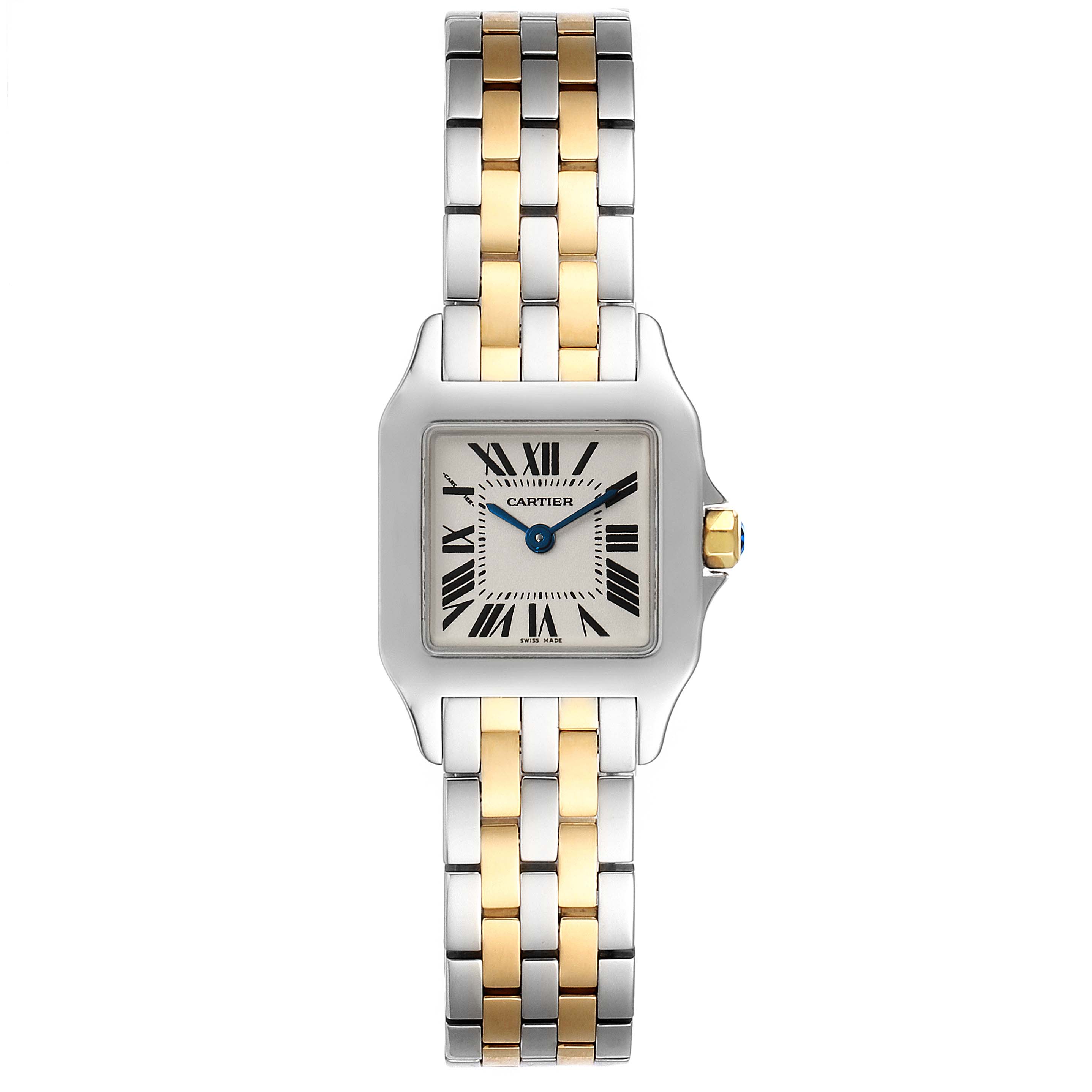 This image shows a front view of the Cartier Santos Demoiselle W25066Z6 Women
s Steel and Gold (two tone) Silver Dial W25066Z6 Women
s Steel and Gold (two tone) Silver Dial watch featuring a two-tone metal bracelet and Roman numeral dial.