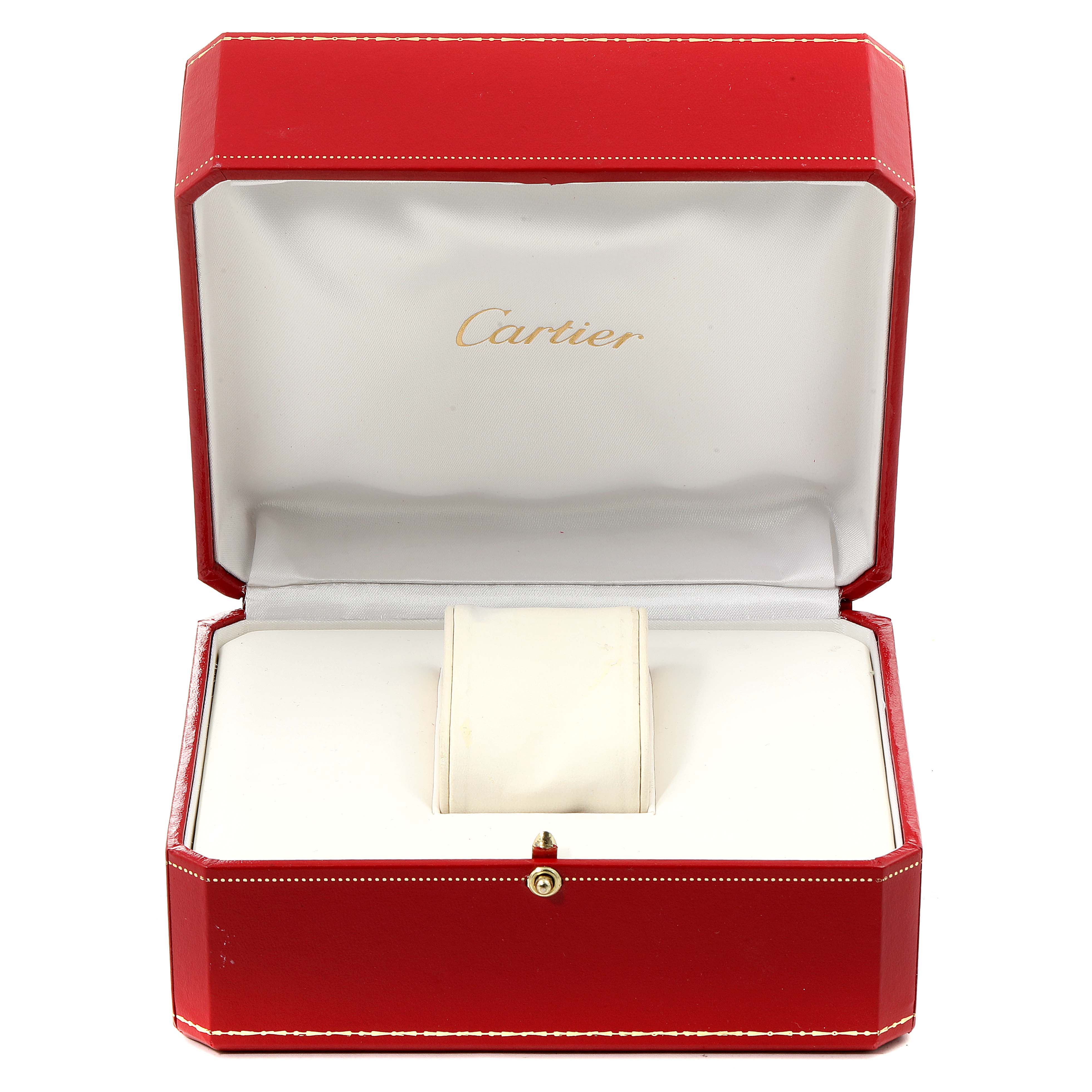 The image shows an open Cartier Tank Francaise W51002Q3 Men's Stainless Steel Silver Dial W51002Q3 Men's Stainless Steel Silver Dial watch box, displaying the interior cushion for holding the watch.