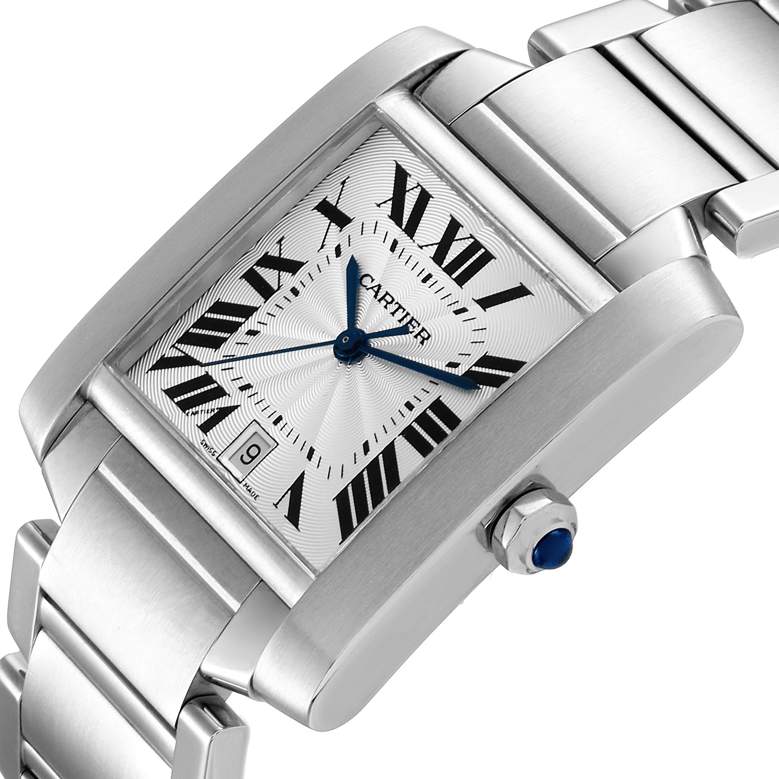 This Cartier Tank Francaise W51002Q3 Men's Stainless Steel Silver Dial W51002Q3 Men's Stainless Steel Silver Dial watch is shown at an angled close-up, highlighting the face, bracelet, and crown.