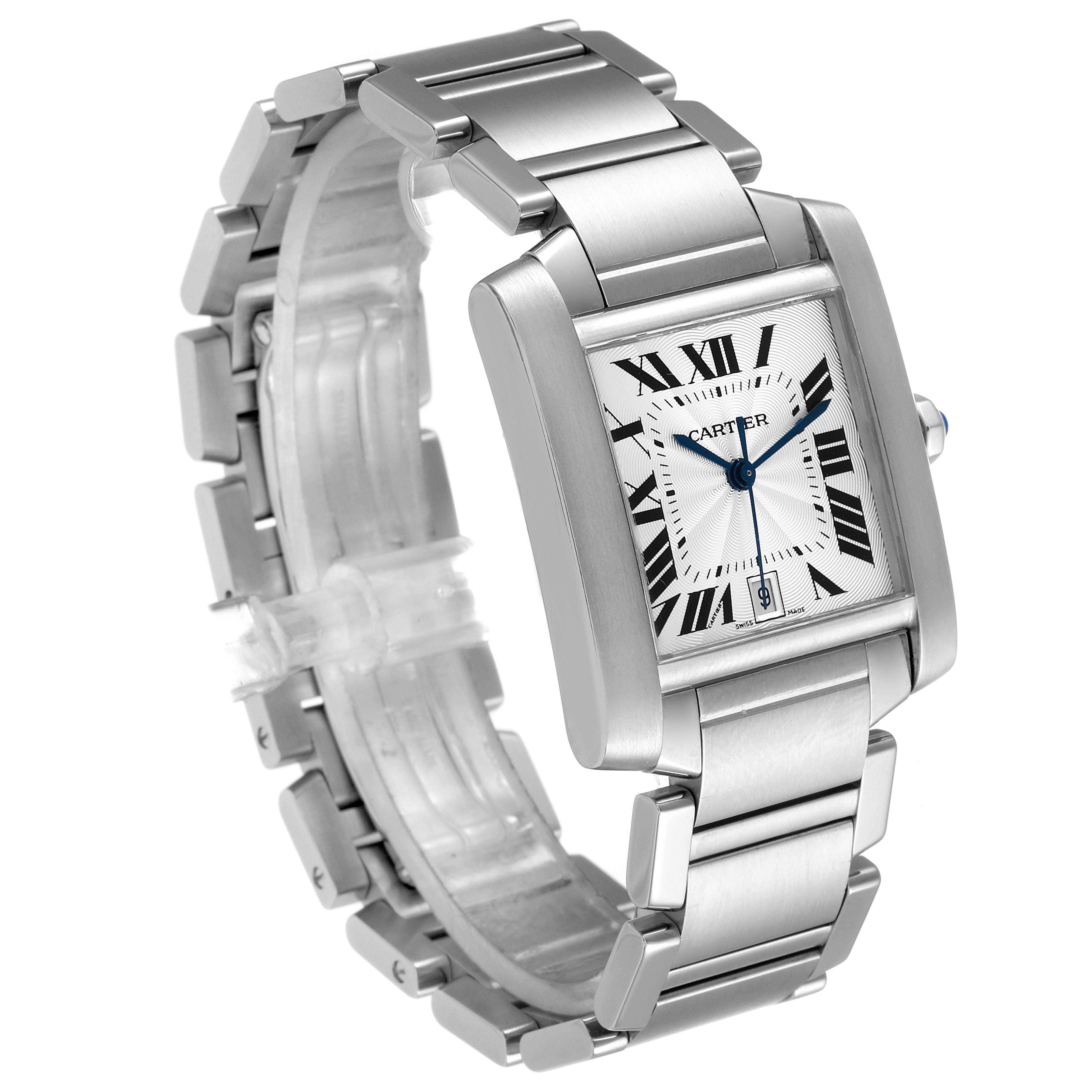 The Cartier Tank Francaise W51002Q3 Men's Stainless Steel Silver Dial W51002Q3 Men's Stainless Steel Silver Dial watch is shown at a three-quarter angle, highlighting its rectangular case and stainless steel bracelet.