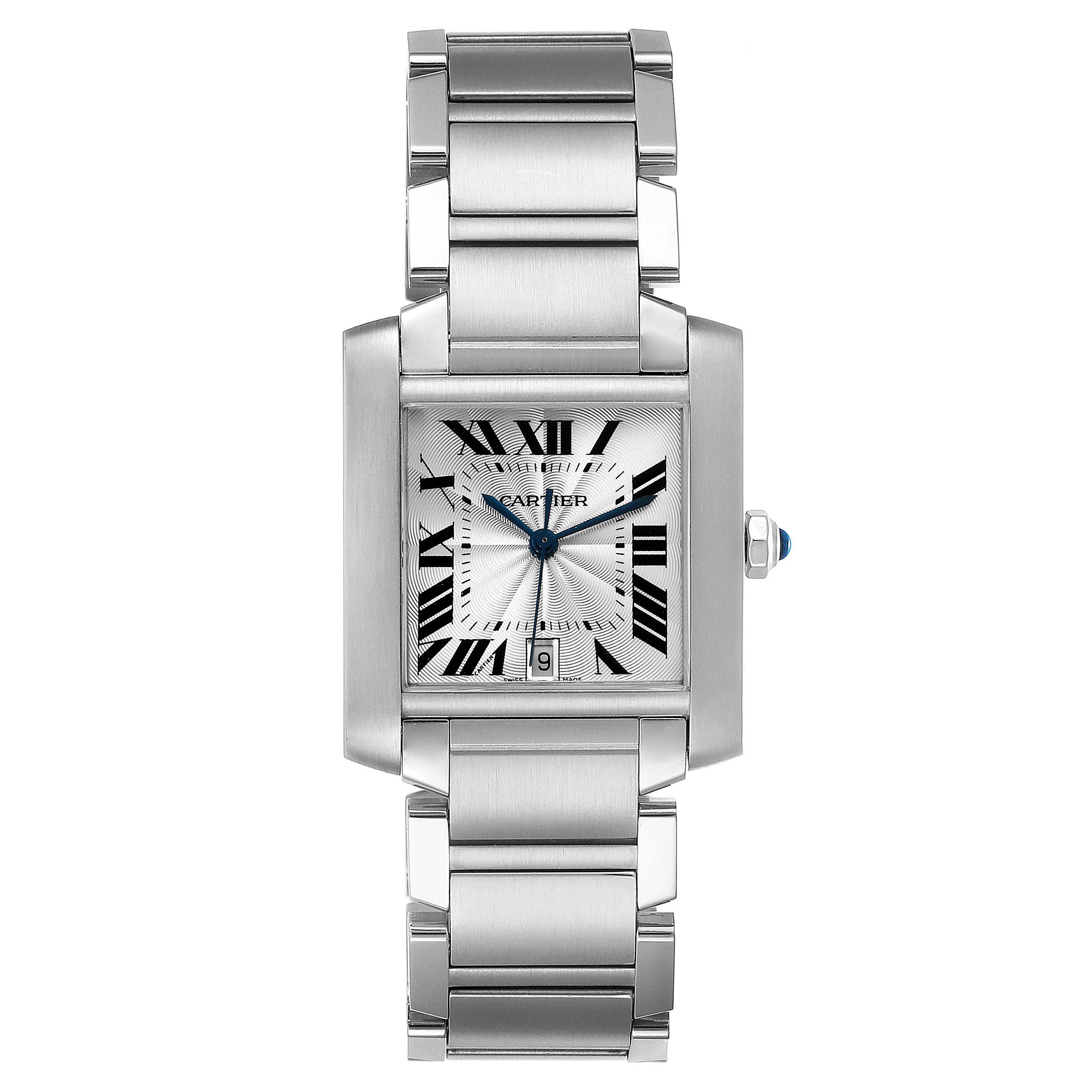 The image shows a frontal view of a Cartier Tank Francaise W51002Q3 Men's Stainless Steel Silver Dial W51002Q3 Men's Stainless Steel Silver Dial watch, displaying its rectangular face and steel bracelet.