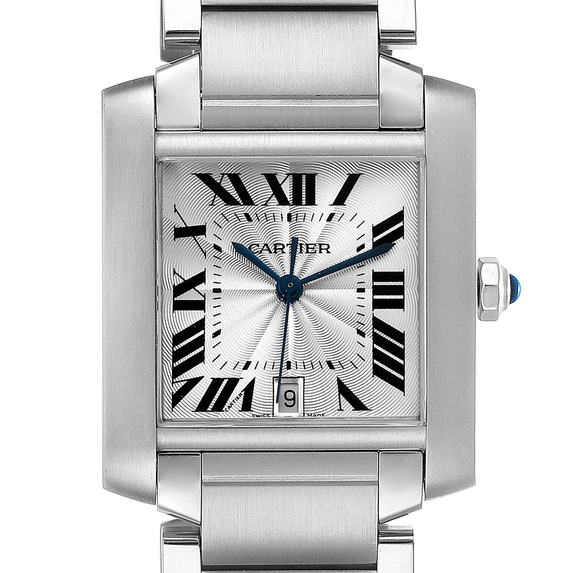 A close-up frontal view of a Cartier Tank Francaise W51002Q3 Men's Stainless Steel Silver Dial W51002Q3 Men's Stainless Steel Silver Dial watch, showcasing its face, bezel, crown, and part of the bracelet.