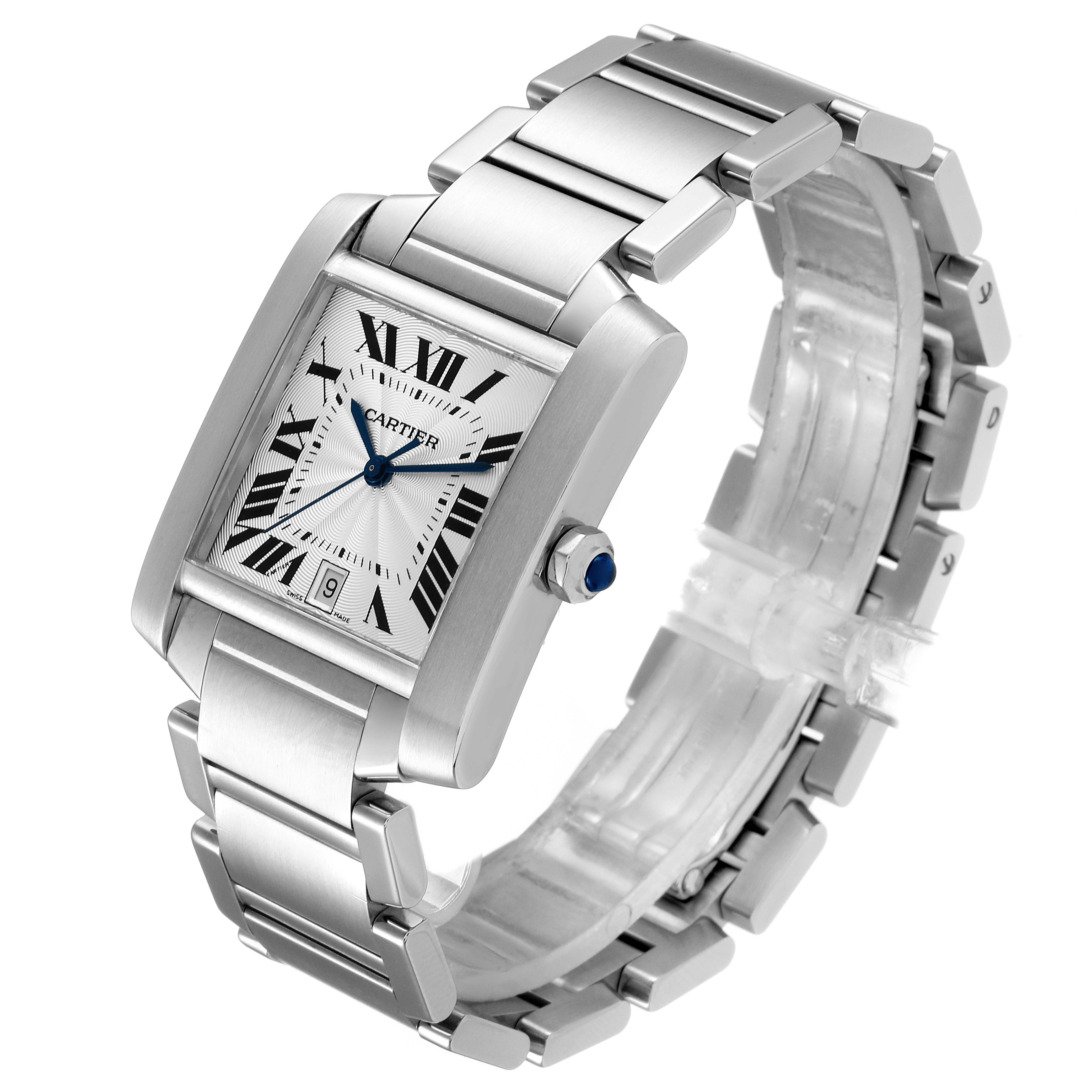 The Cartier Tank Francaise W51002Q3 Men's Stainless Steel Silver Dial W51002Q3 Men's Stainless Steel Silver Dial watch is shown at an angled view highlighting its rectangular face and metal bracelet.