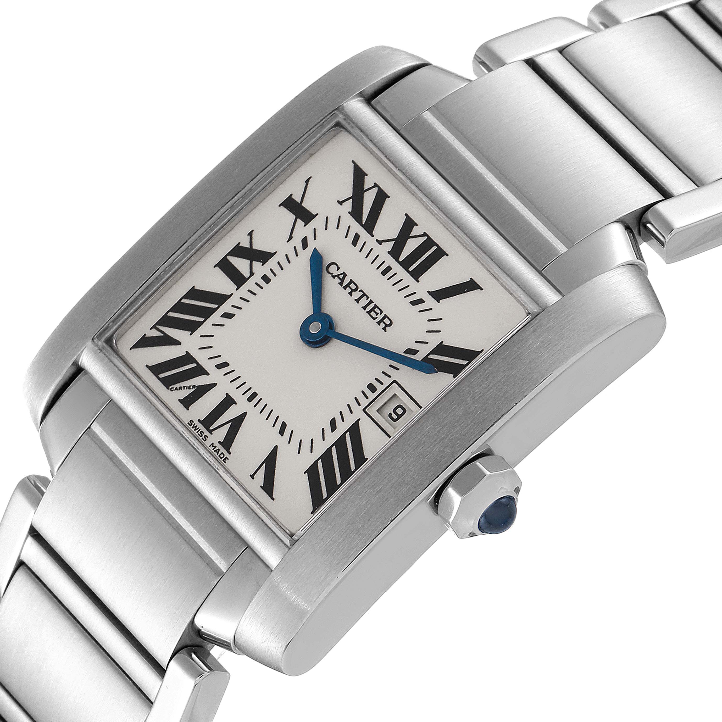 The image shows a close-up angled view of a Cartier Tank Francaise W51011Q3 Women's Stainless Steel Silver Dial W51011Q3 Women's Stainless Steel Silver Dial watch, highlighting the face, crown, and metal bracelet.