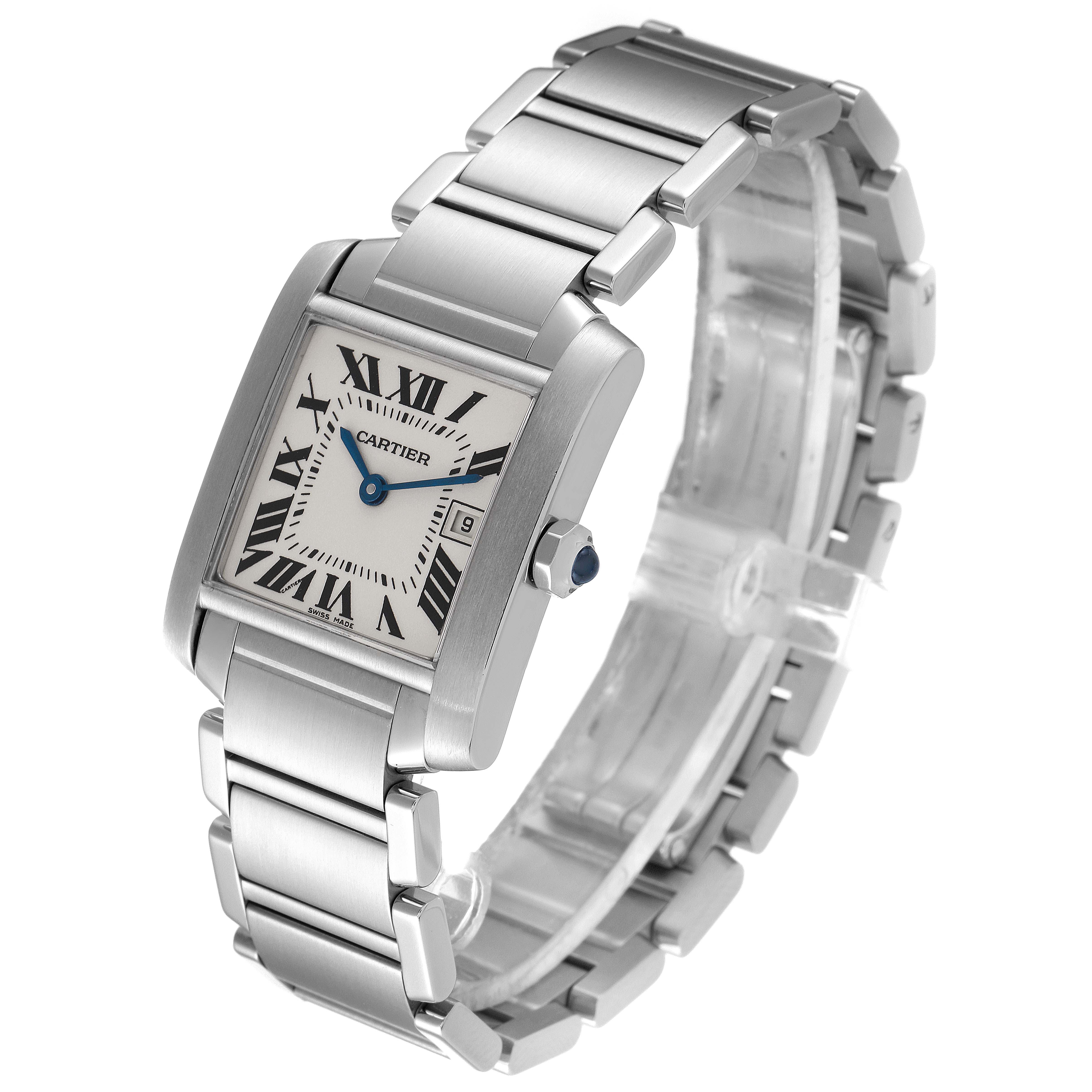 This image shows a Cartier Tank Francaise W51011Q3 Women's Stainless Steel Silver Dial W51011Q3 Women's Stainless Steel Silver Dial watch at an oblique angle, highlighting the face, bracelet, and crown.