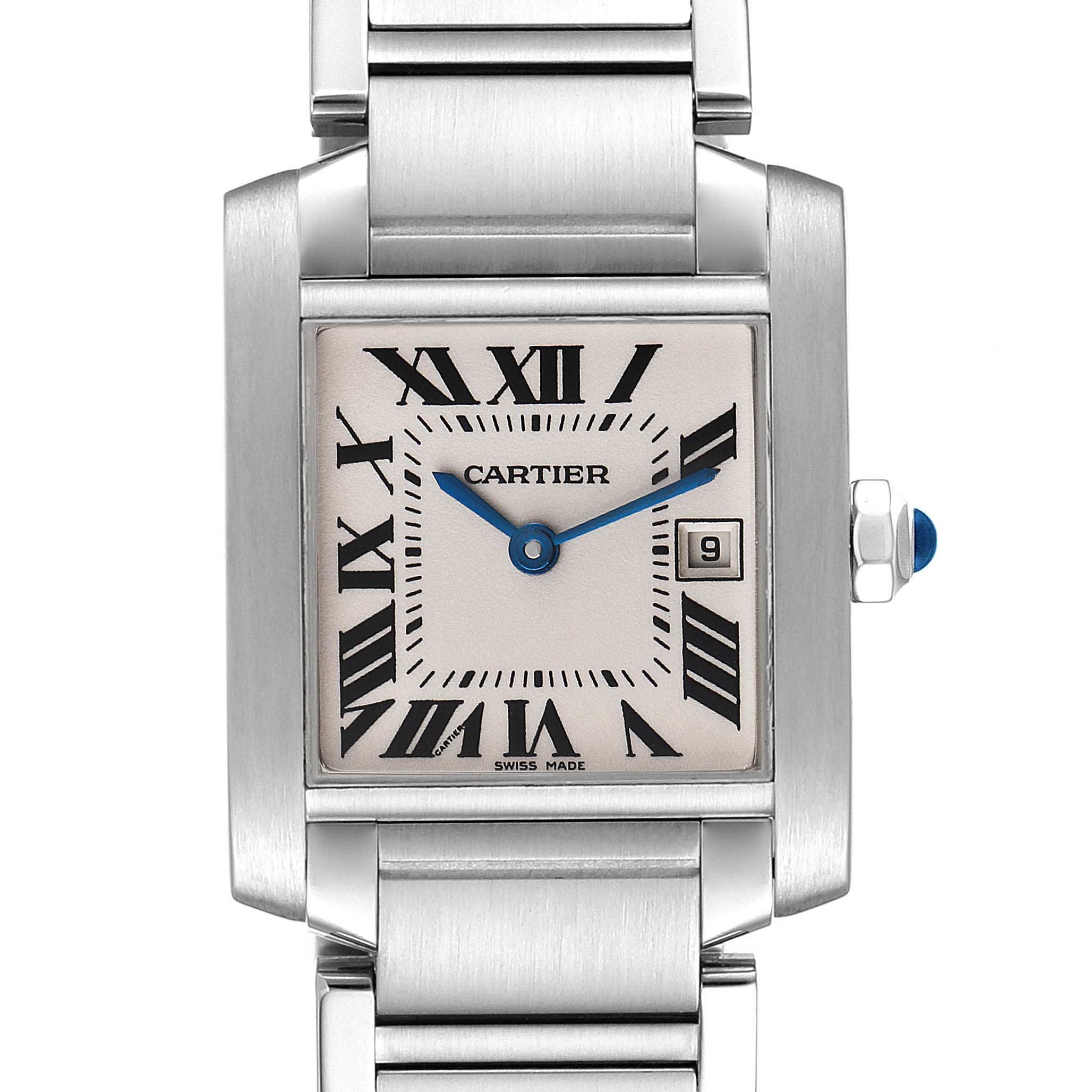 The image shows a close-up of the face and upper bracelet of a Cartier Tank Francaise W51011Q3 Women's Stainless Steel Silver Dial W51011Q3 Women's Stainless Steel Silver Dial watch.