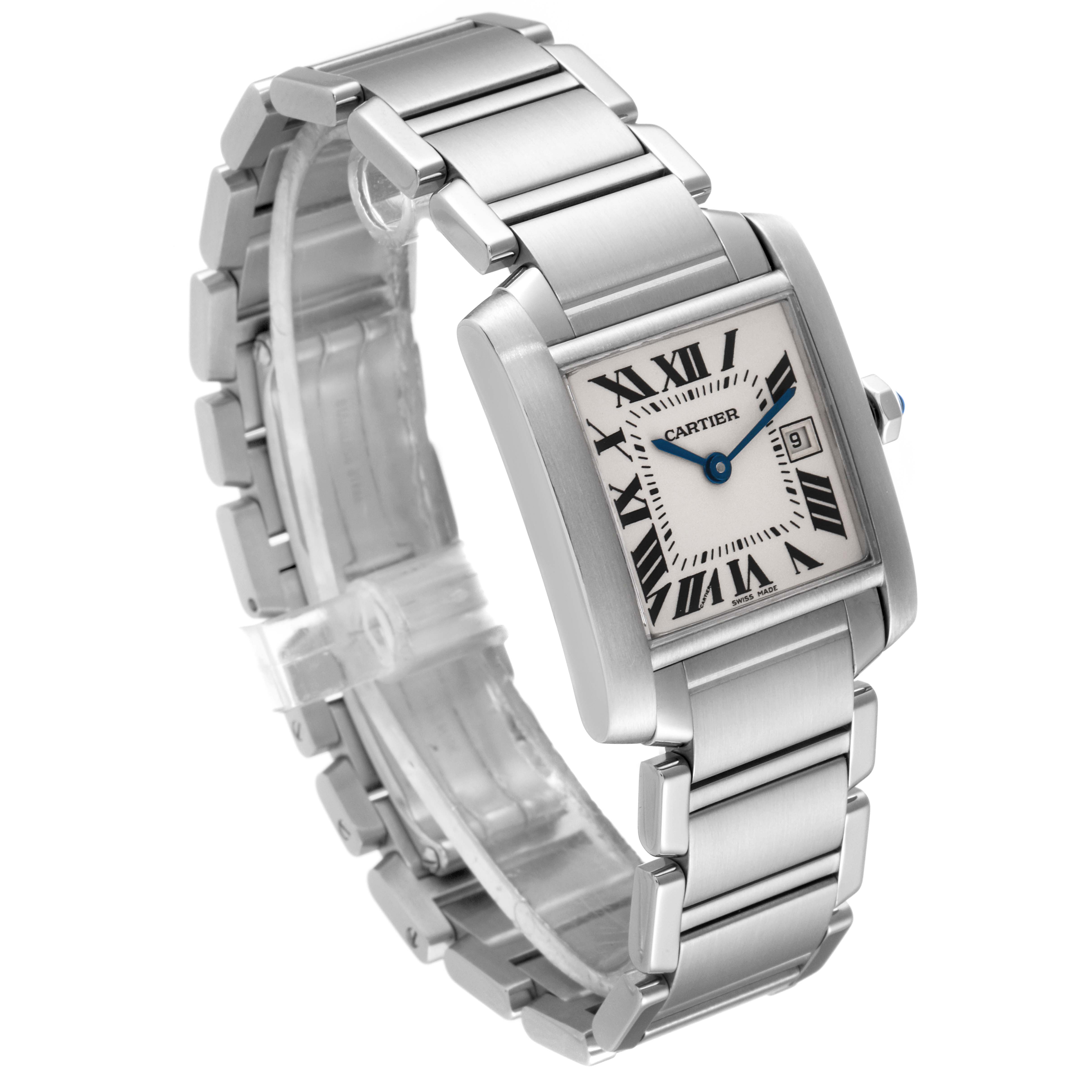 The Cartier Tank Francaise W51011Q3 Women's Stainless Steel Silver Dial W51011Q3 Women's Stainless Steel Silver Dial watch is shown at a slight angle displaying the rectangular face, Roman numerals, and metal bracelet.