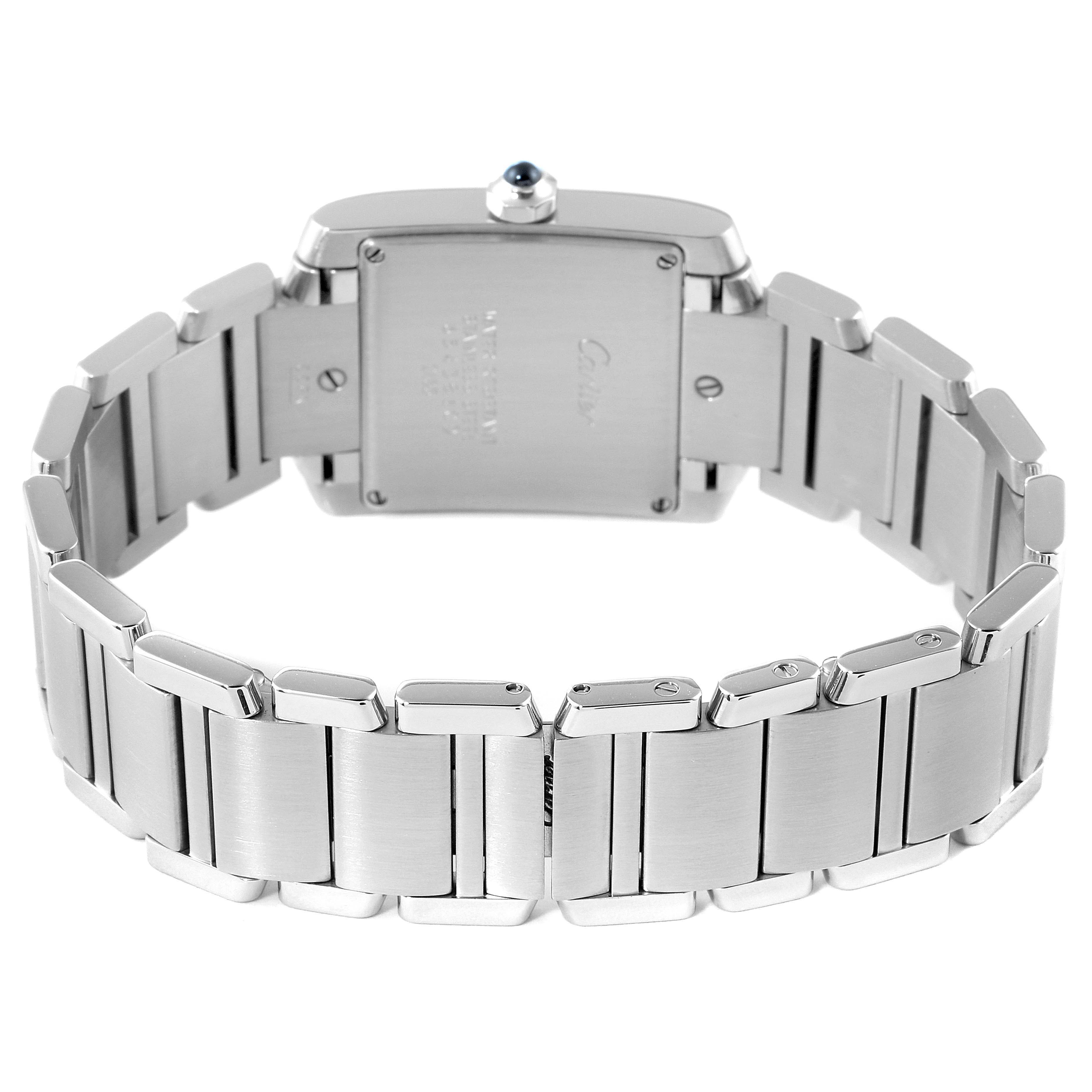 This image shows the back and bracelet of the Cartier Tank Francaise W51011Q3 Women's Stainless Steel Silver Dial W51011Q3 Women's Stainless Steel Silver Dial watch at a rear angle.