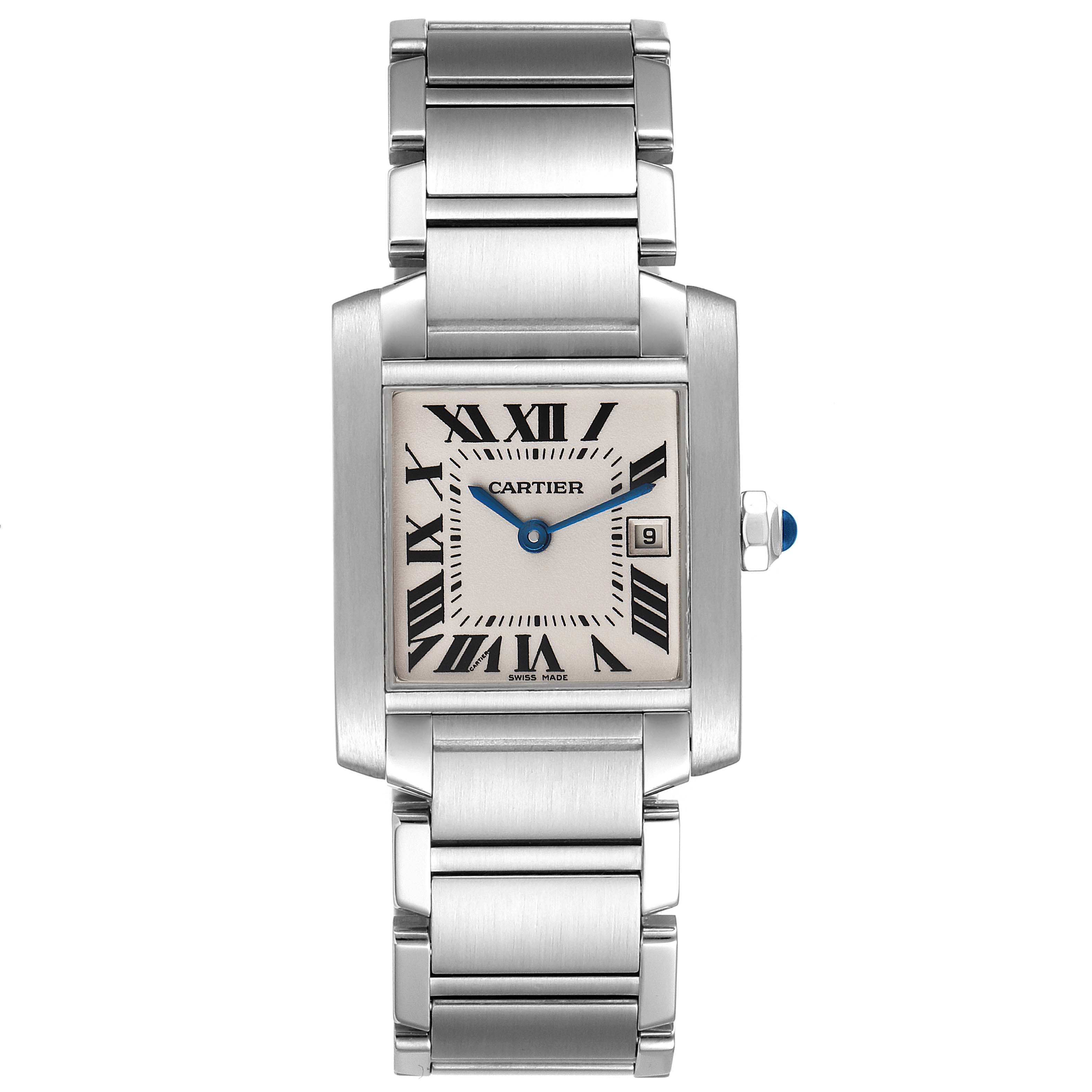 The image shows a top-down view of a Cartier Tank Francaise W51011Q3 Women's Stainless Steel Silver Dial W51011Q3 Women's Stainless Steel Silver Dial watch, featuring its face, bezel, and bracelet.