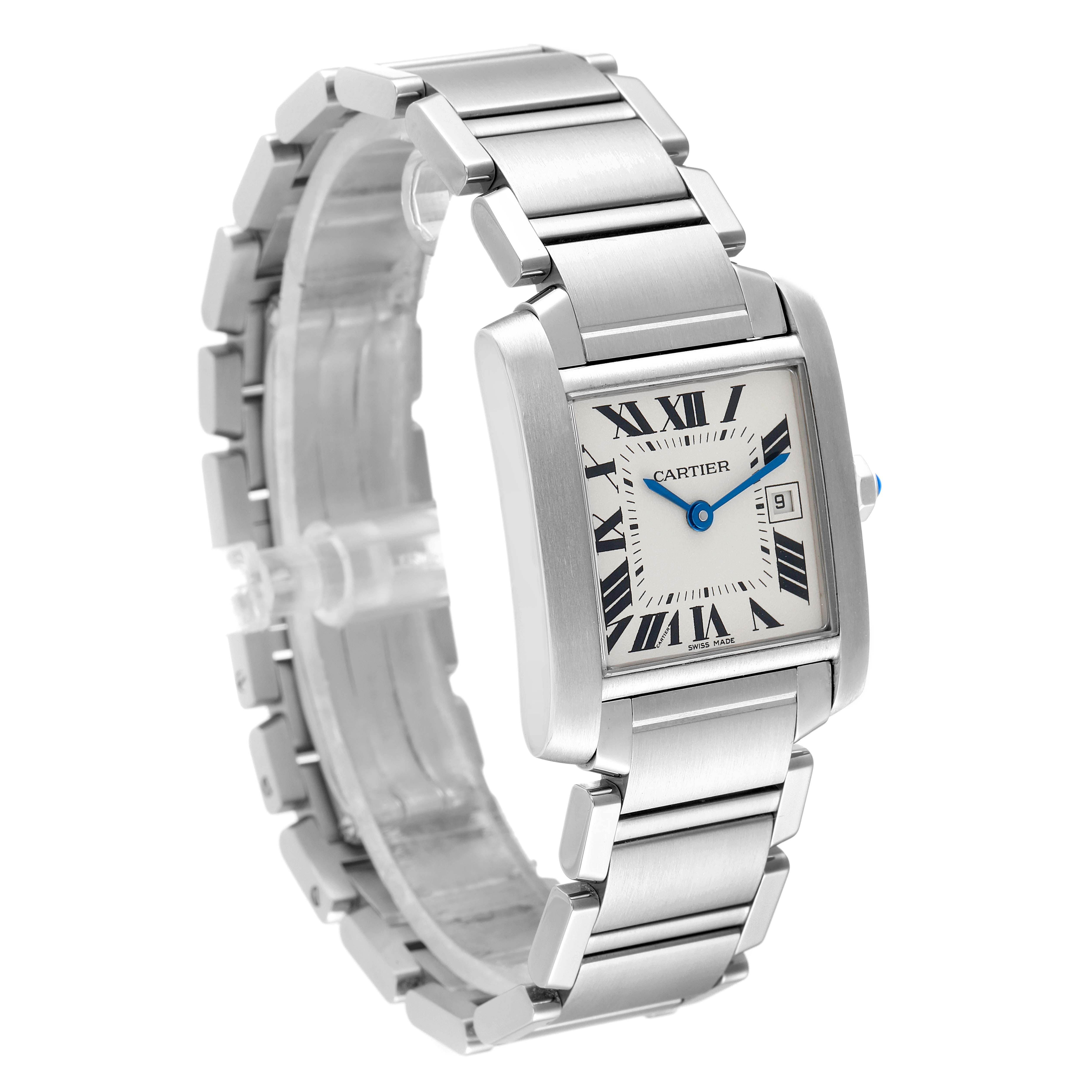 The Cartier Tank Francaise W51011Q3 Women's Stainless Steel Silver Dial W51011Q3 Women's Stainless Steel Silver Dial watch is shown at an angle displaying its face, bracelet, and side details.