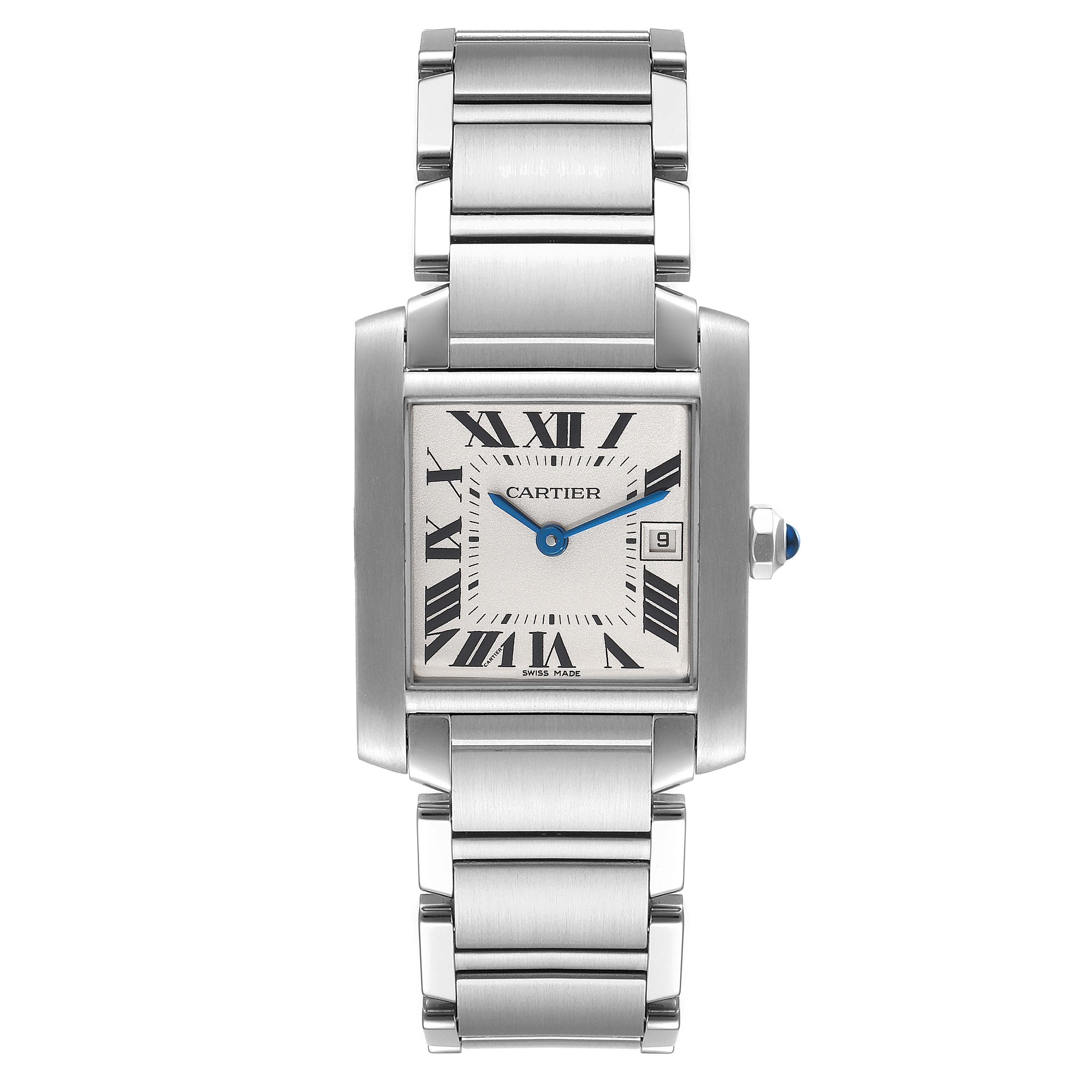 This image shows a frontal view of the Cartier Tank Francaise W51011Q3 Women's Stainless Steel Silver Dial W51011Q3 Women's Stainless Steel Silver Dial watch, highlighting the face, bracelet, and crown.