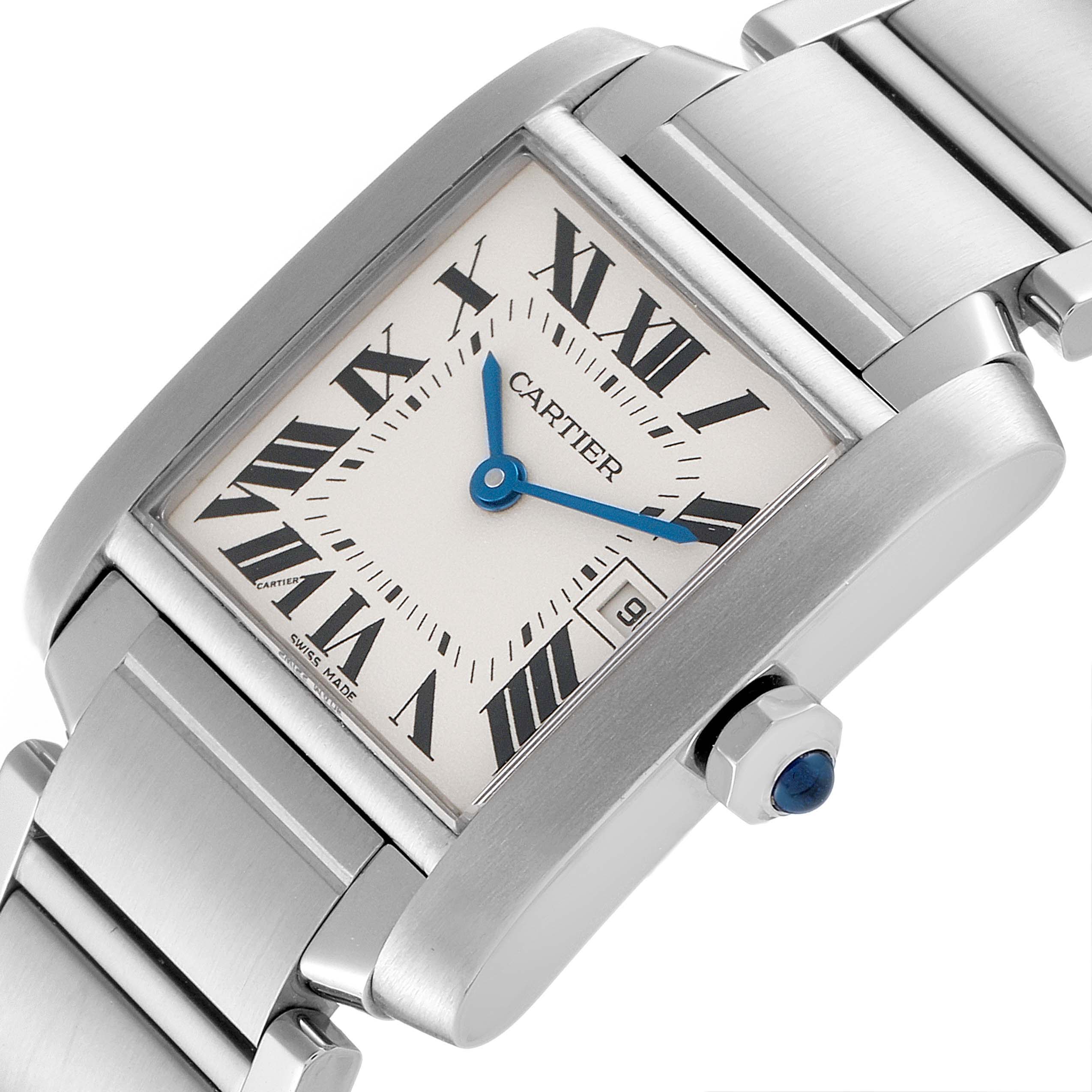This image shows a close-up angled view of a Cartier Tank Française watch, highlighting its face, bracelet, and crown.