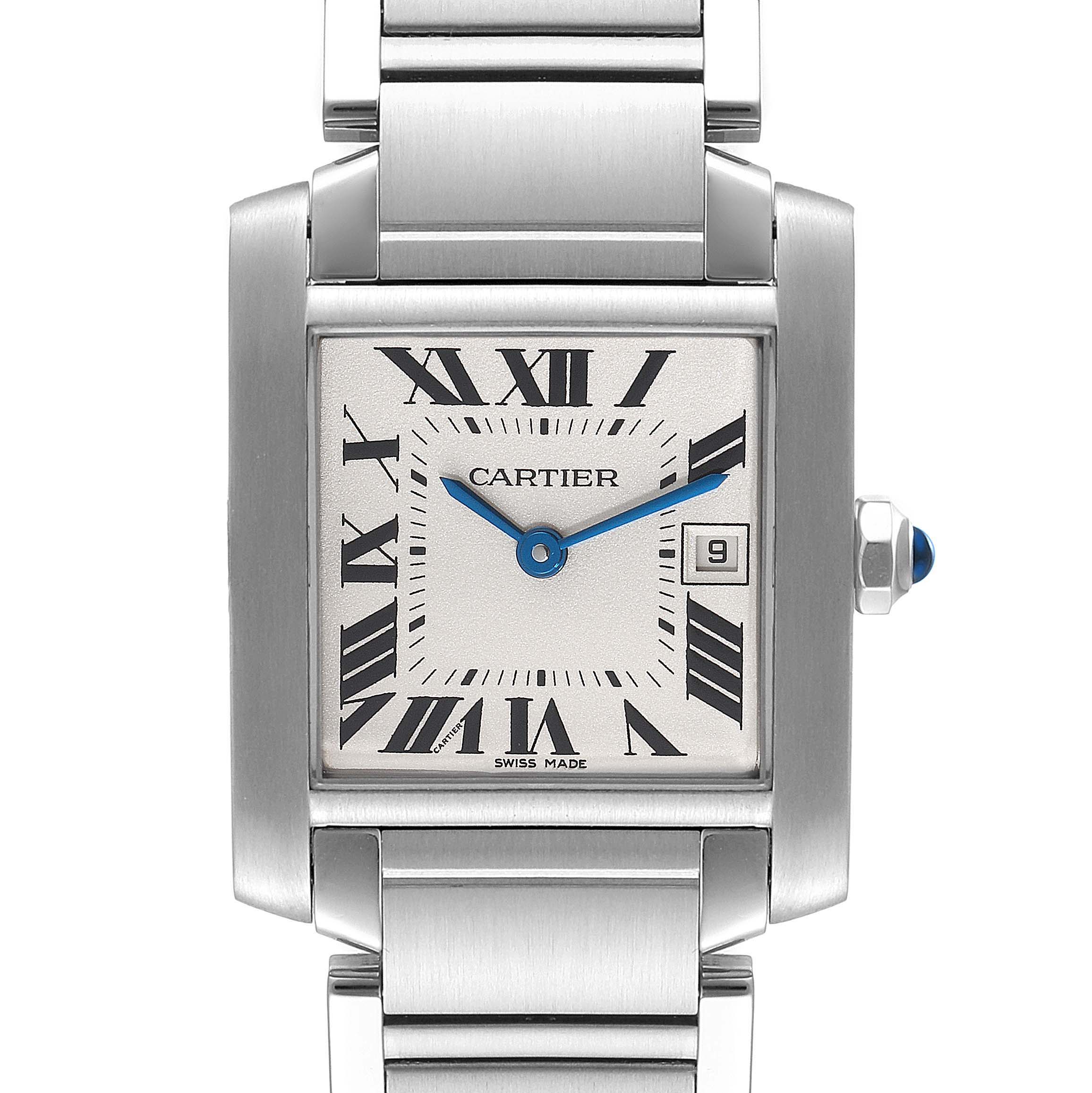 The Cartier Tank Française watch is shown from a front angle, displaying its square face, Roman numeral hour markers, blue hands, and metal link bracelet.