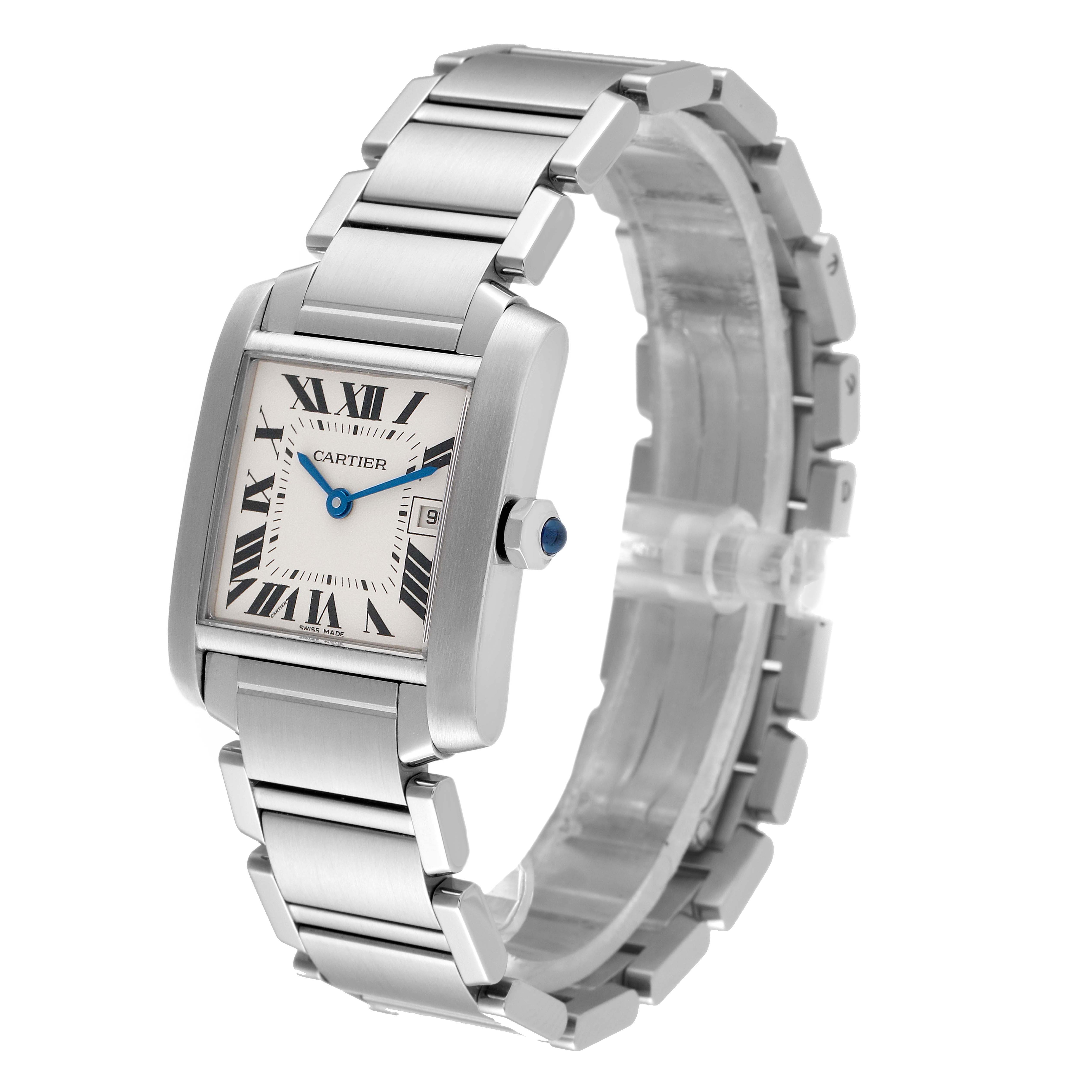 The Cartier Tank Française watch is shown at a three-quarter angle, displaying the face, bracelet, and crown with a blue cabochon.