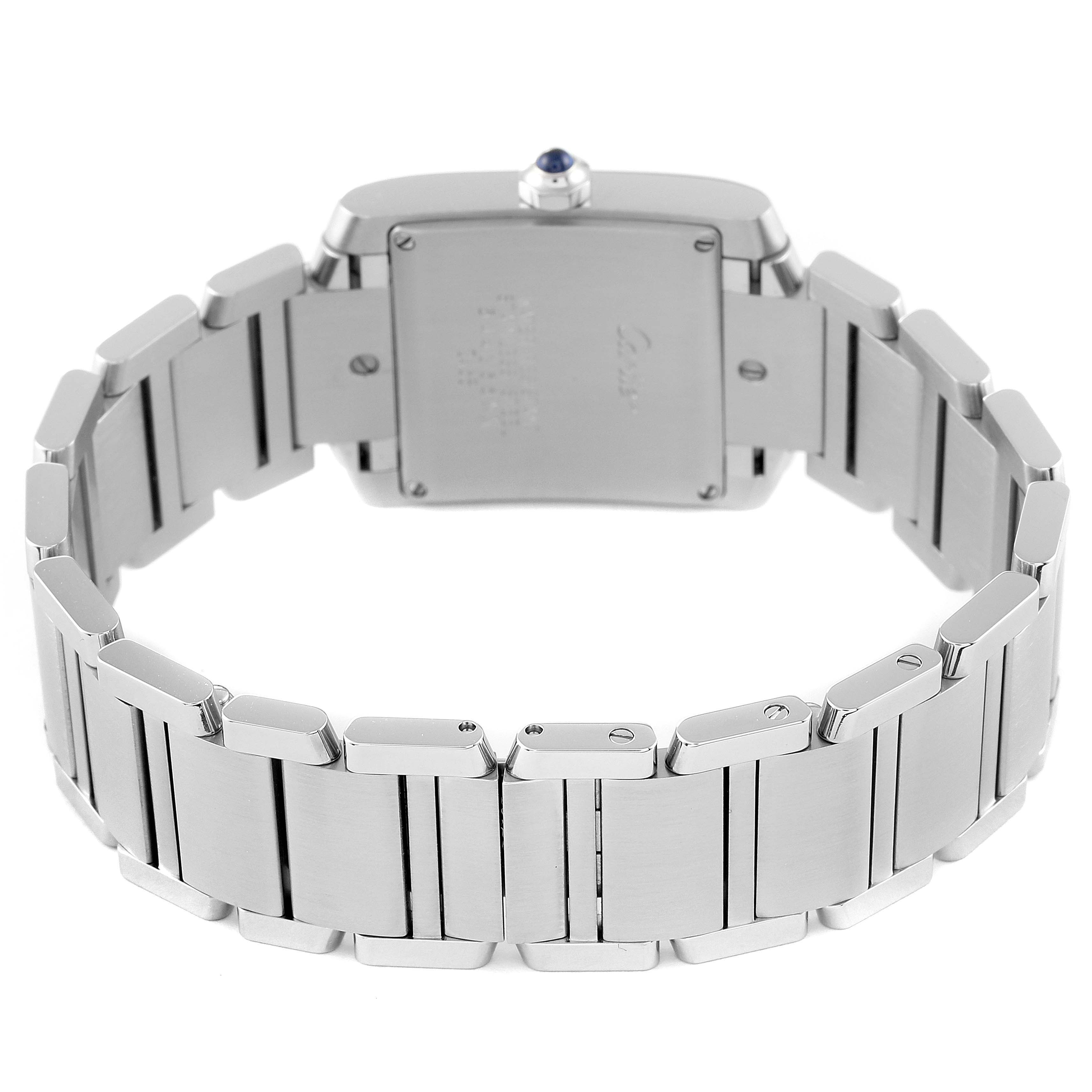 This image shows the Cartier Tank Francaise W51011Q3 Women
s Stainless Steel Silver Dial W51011Q3 Women
s Stainless Steel Silver Dial watch from a rear angle, highlighting the closed case back and metal bracelet.