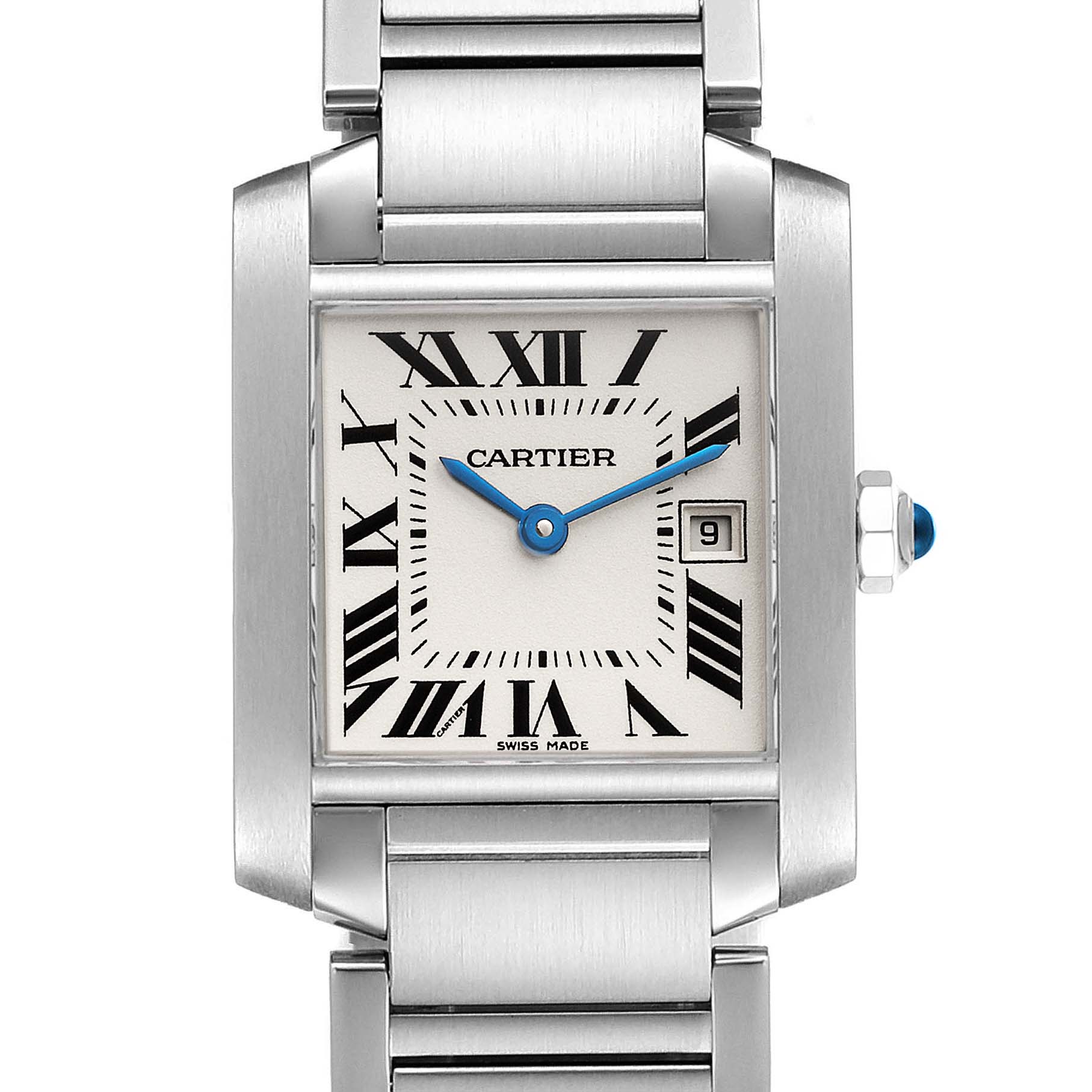 The image shows a Cartier Tank Francaise W51011Q3 Women
s Stainless Steel Silver Dial W51011Q3 Women
s Stainless Steel Silver Dial watch from a front angle, highlighting the face, bezel, crown, and part of the bracelet.