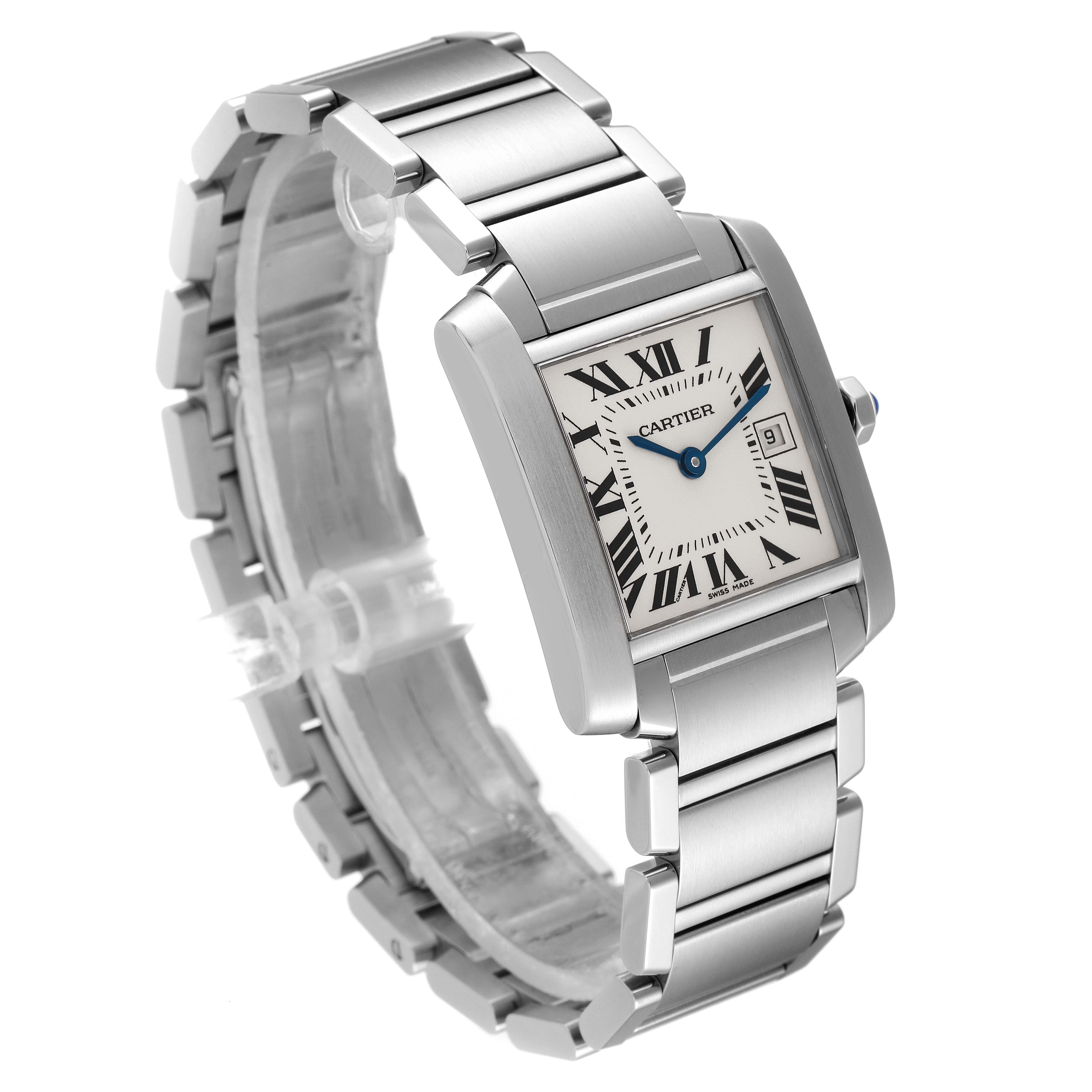 The image shows a Cartier Tank Francaise W51011Q3 Women
s Stainless Steel Silver Dial W51011Q3 Women
s Stainless Steel Silver Dial watch at a three-quarter angle, highlighting its face, bracelet, and side profile.