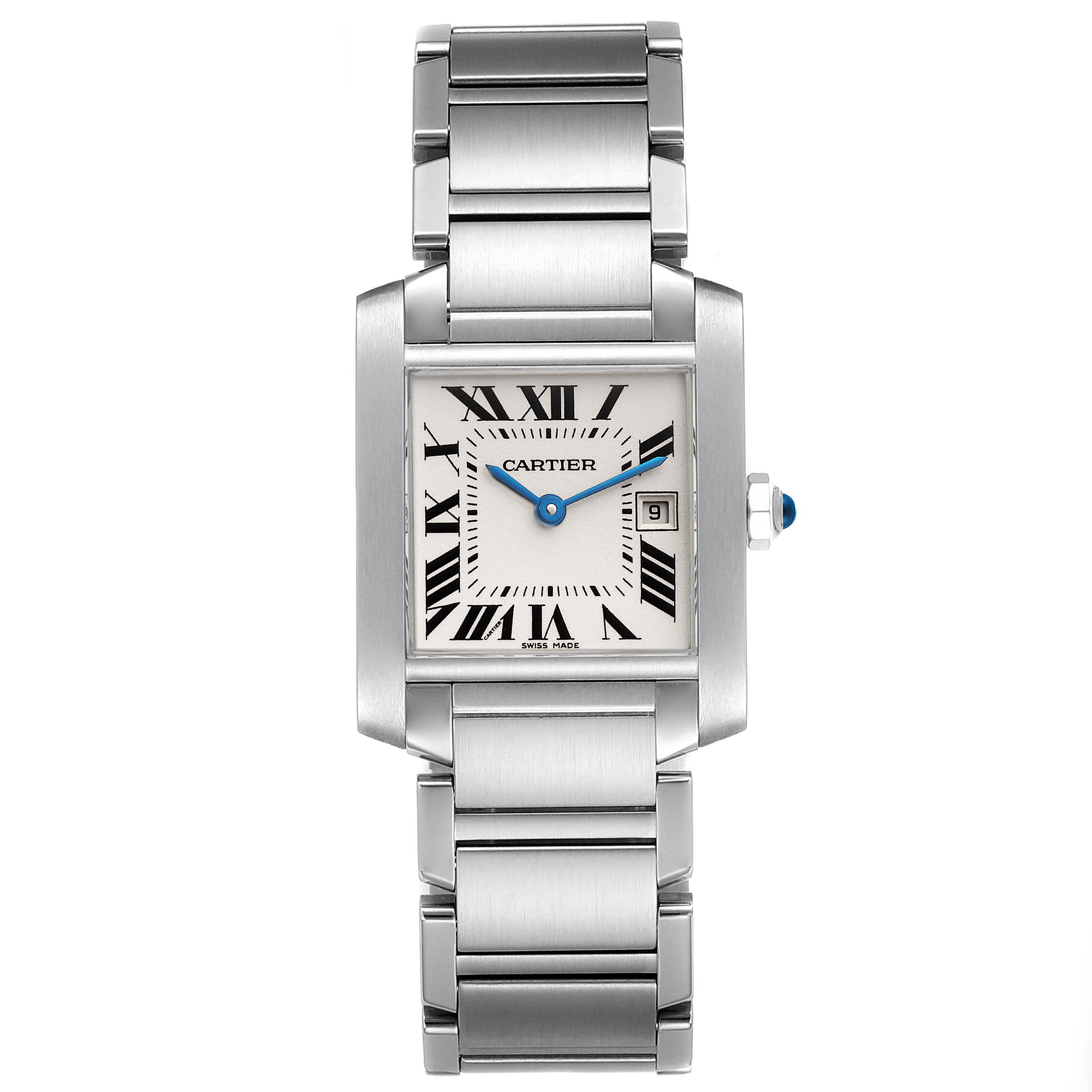 The Cartier Tank Française watch is shown from the front, displaying the face, dial, and metal bracelet.