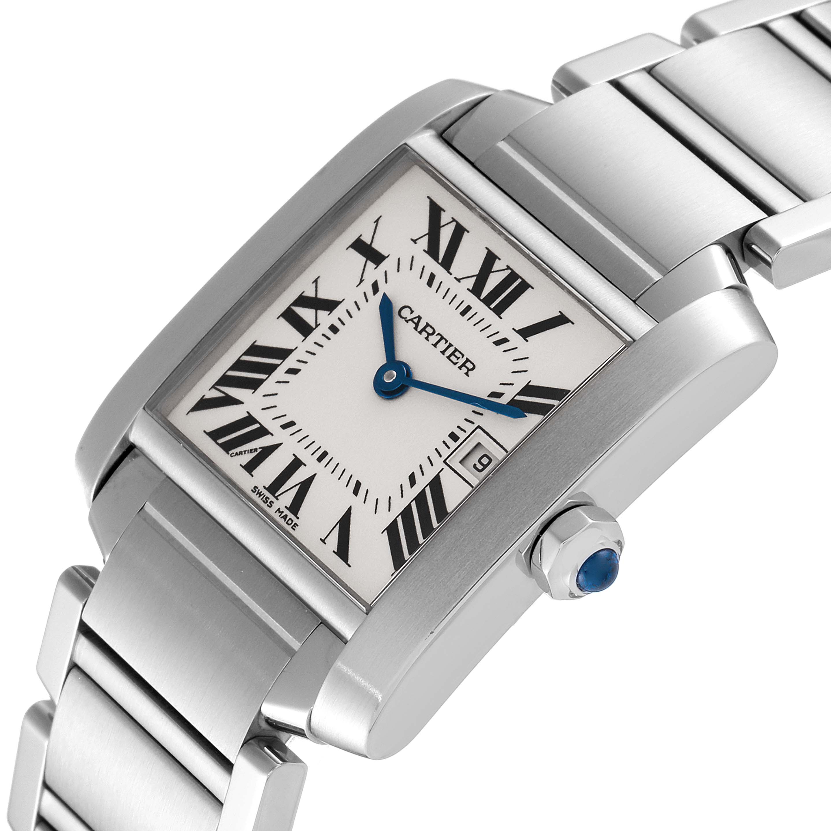 This image shows a close-up of the face and part of the metal band of the Cartier Tank Française watch.
