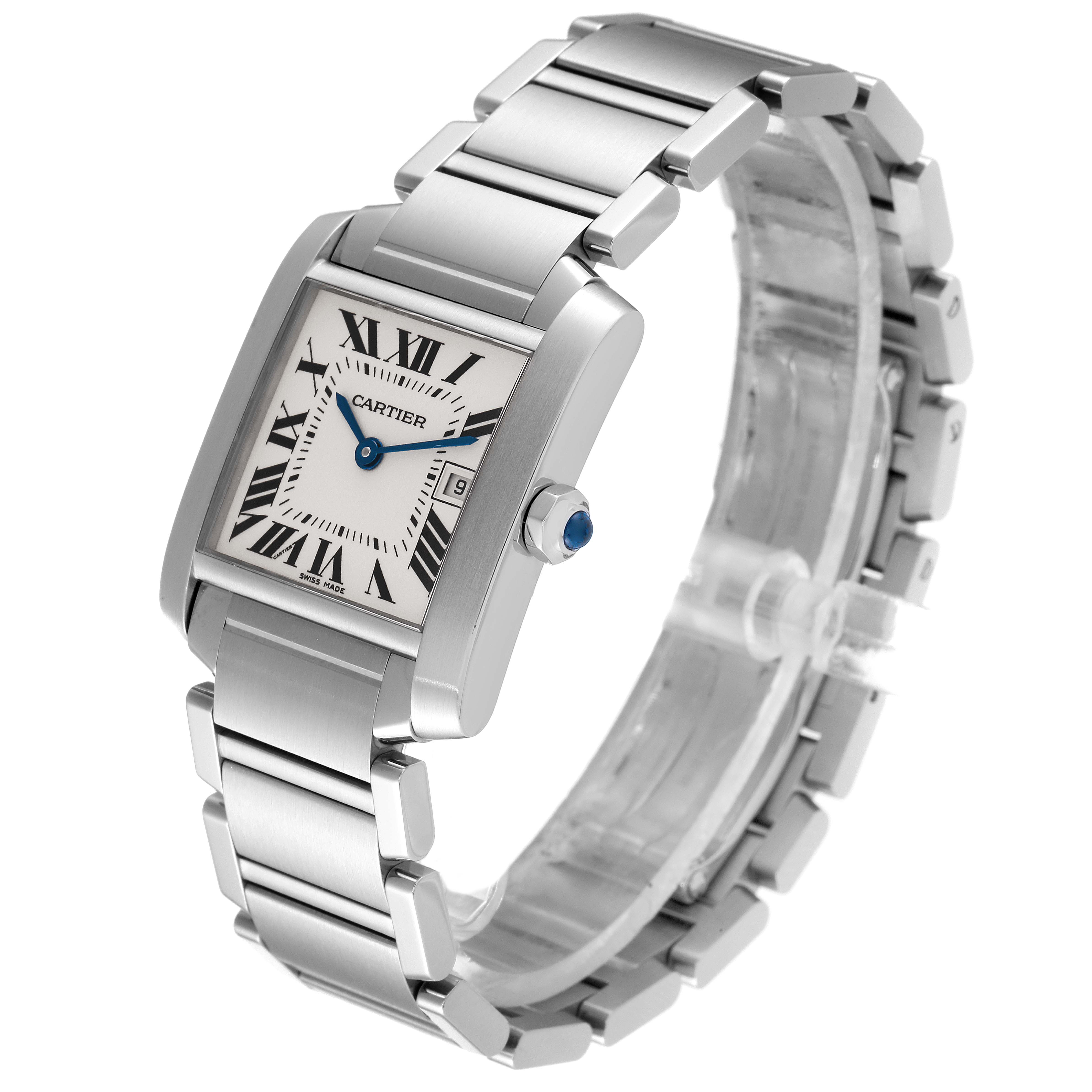 This image shows a frontal angled view of a Cartier Tank Francaise W51011Q3 Women
s Stainless Steel Silver Dial W51011Q3 Women
s Stainless Steel Silver Dial watch, highlighting its bracelet, dial, and crown.