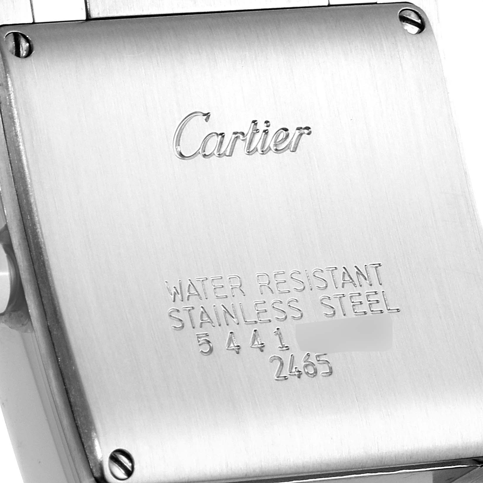 This image shows the back case of the Cartier Tank Francaise W51011Q3 Women
s Stainless Steel Silver Dial W51011Q3 Women
s Stainless Steel Silver Dial watch, featuring the brand name and water resistance details.