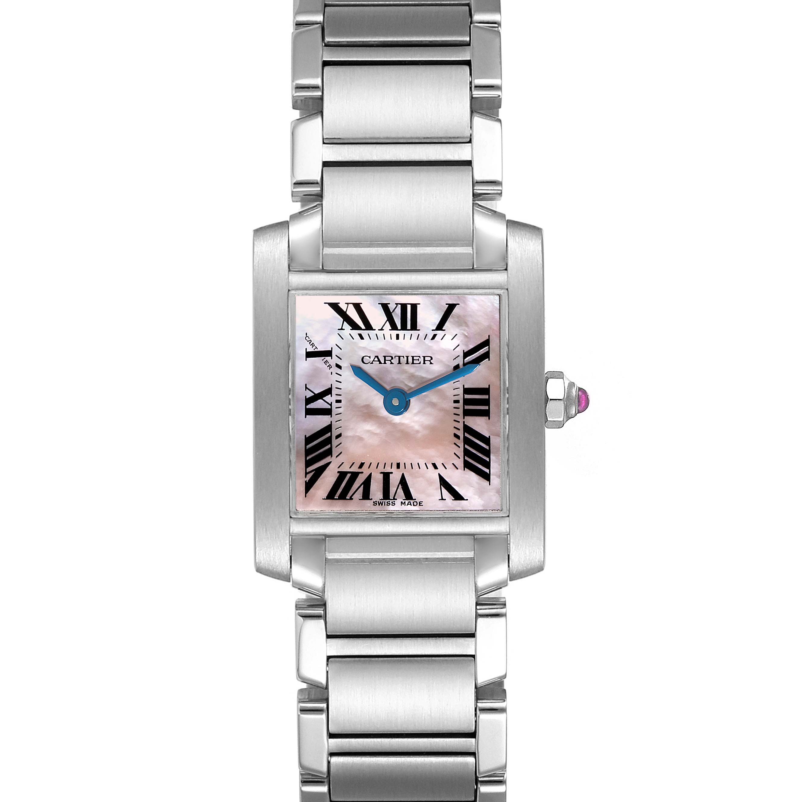 The image shows a front view of the Cartier Tank Francaise W51028Q3 Women
s Stainless Steel Mother of Pearl Dial W51028Q3 Women
s Stainless Steel Mother of Pearl Dial watch, highlighting its face, case, and bracelet.