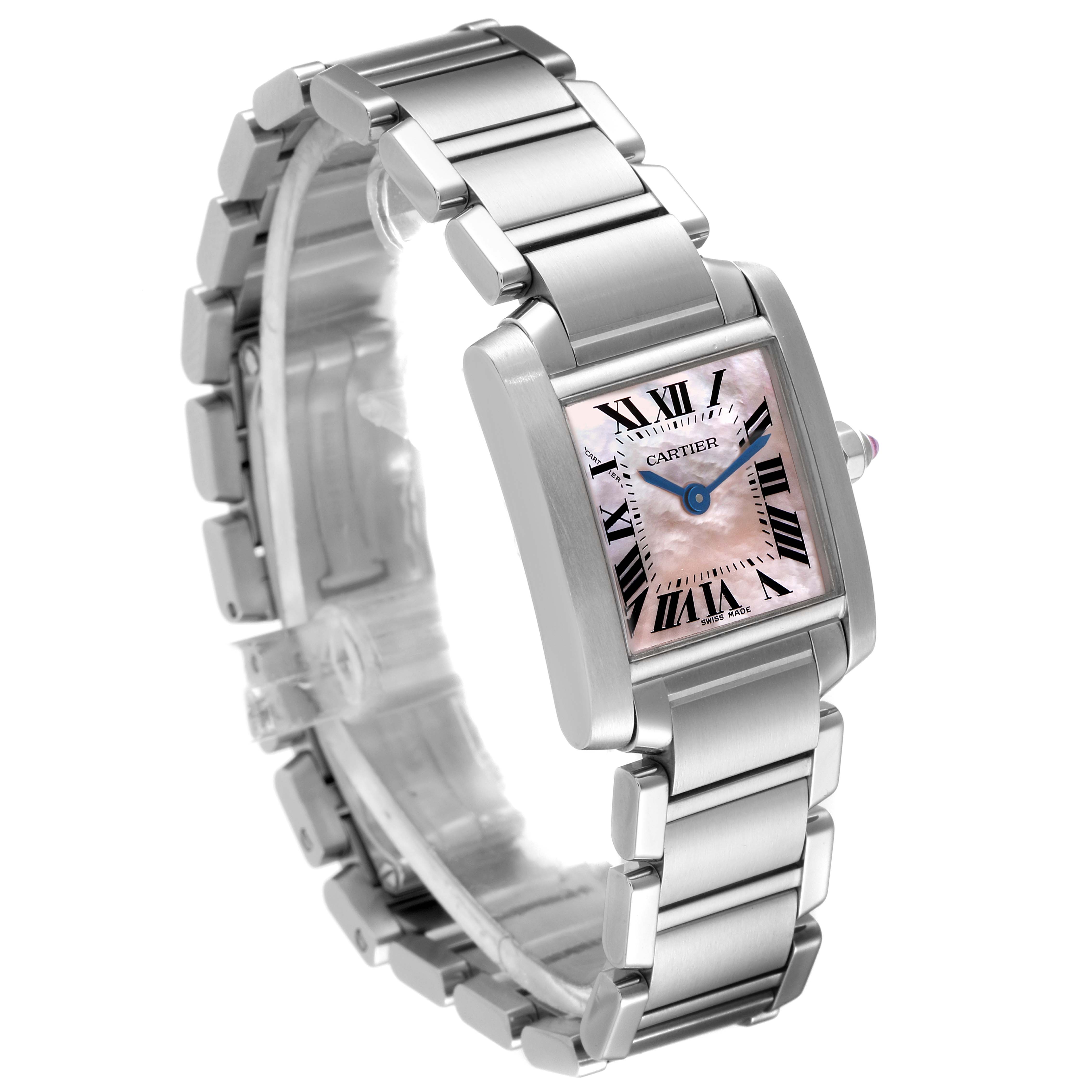 The image shows a Cartier Tank Francaise W51028Q3 Women
s Stainless Steel Mother of Pearl Dial W51028Q3 Women
s Stainless Steel Mother of Pearl Dial watch angled from the front-left, highlighting its bracelet, case, and dial.