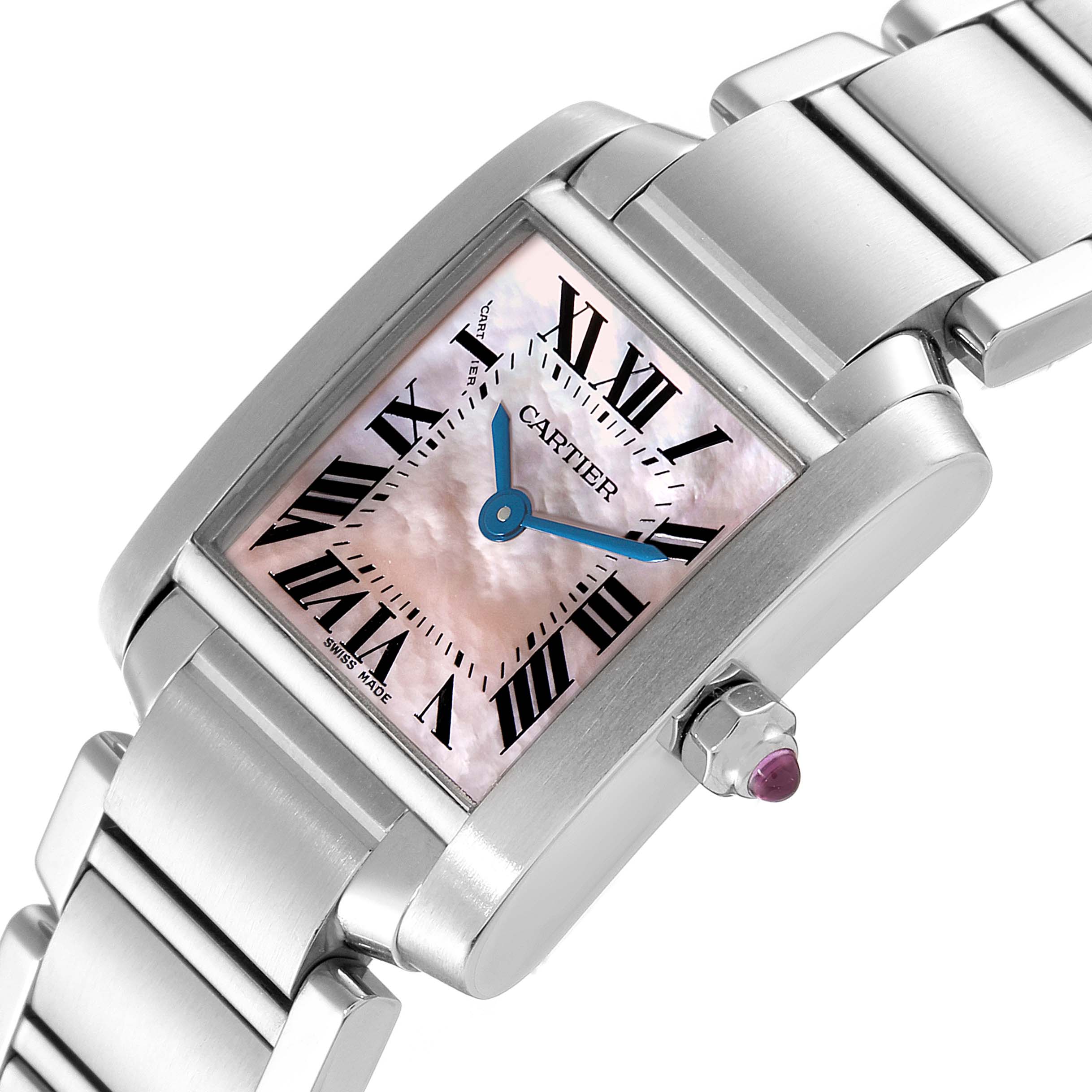 This image shows a close-up angled view of a Cartier Tank Francaise W51028Q3 Women
s Stainless Steel Mother of Pearl Dial W51028Q3 Women
s Stainless Steel Mother of Pearl Dial watch, highlighting its dial, hands, crown, and bracelet.