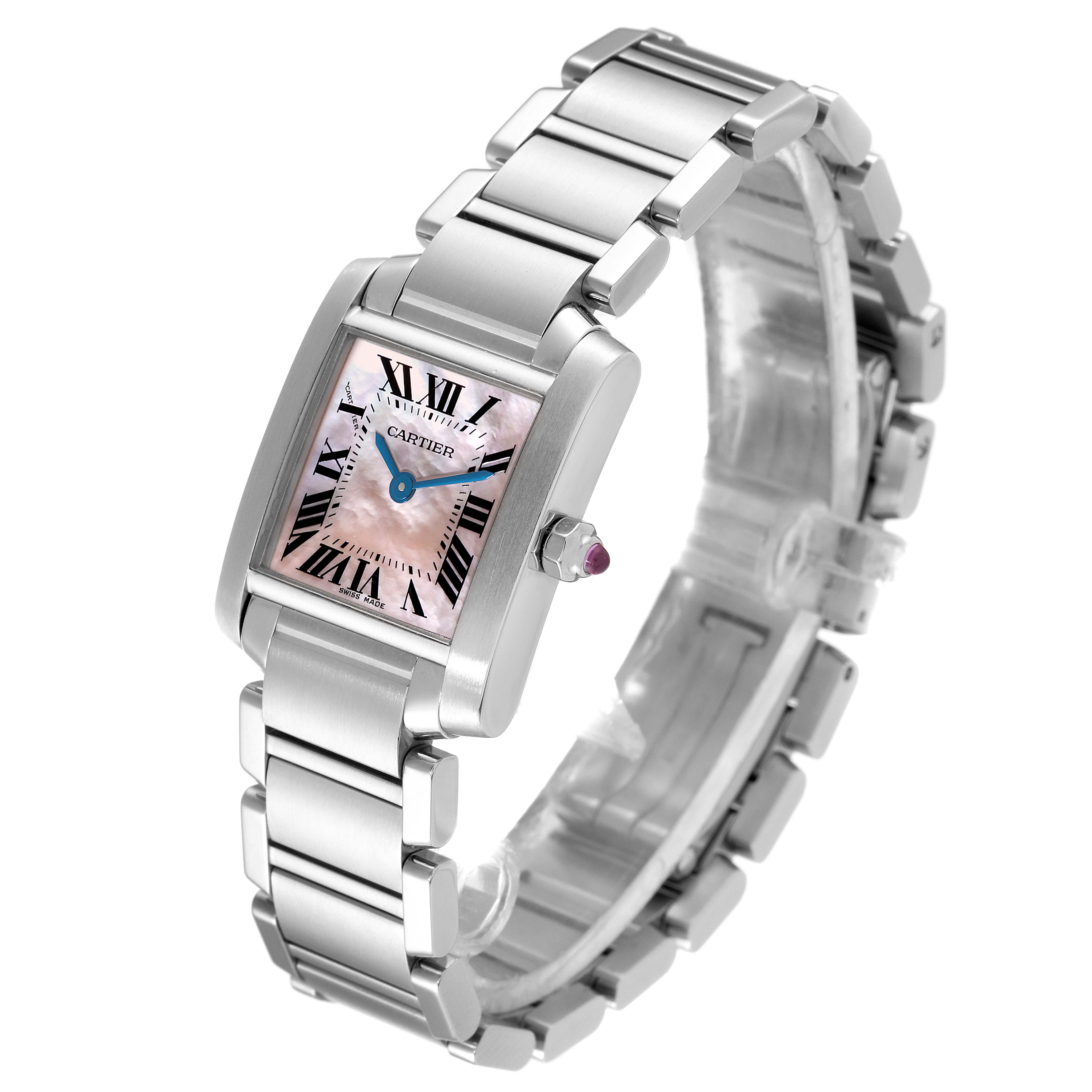 This image shows the Cartier Tank Francaise W51028Q3 Women
s Stainless Steel Mother of Pearl Dial W51028Q3 Women
s Stainless Steel Mother of Pearl Dial watch from a front angle, highlighting its dial, bracelet, and case.