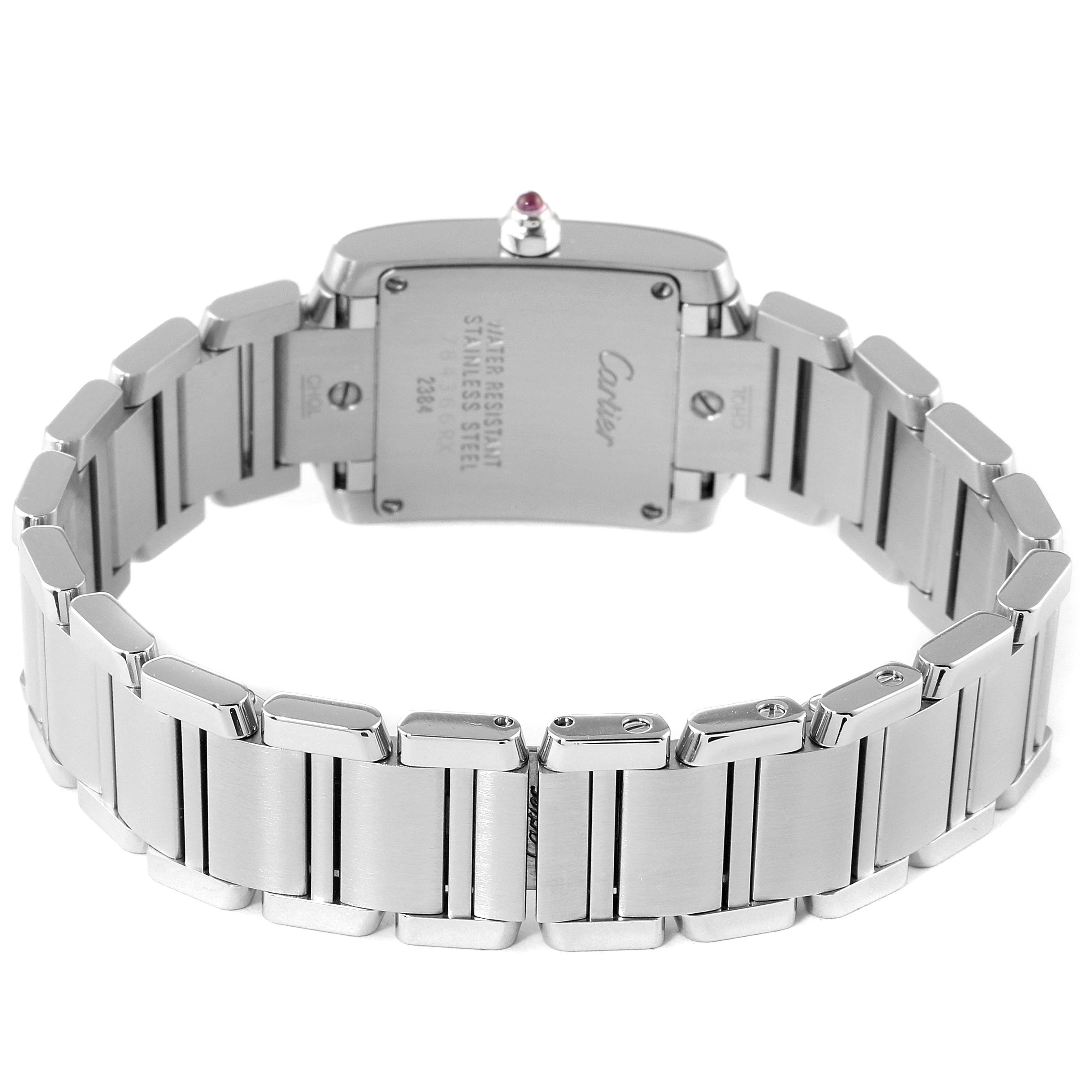 The image shows the back view of the Cartier Tank Francaise W51028Q3 Women
s Stainless Steel Mother of Pearl Dial W51028Q3 Women
s Stainless Steel Mother of Pearl Dial watch, highlighting its stainless steel case and bracelet.