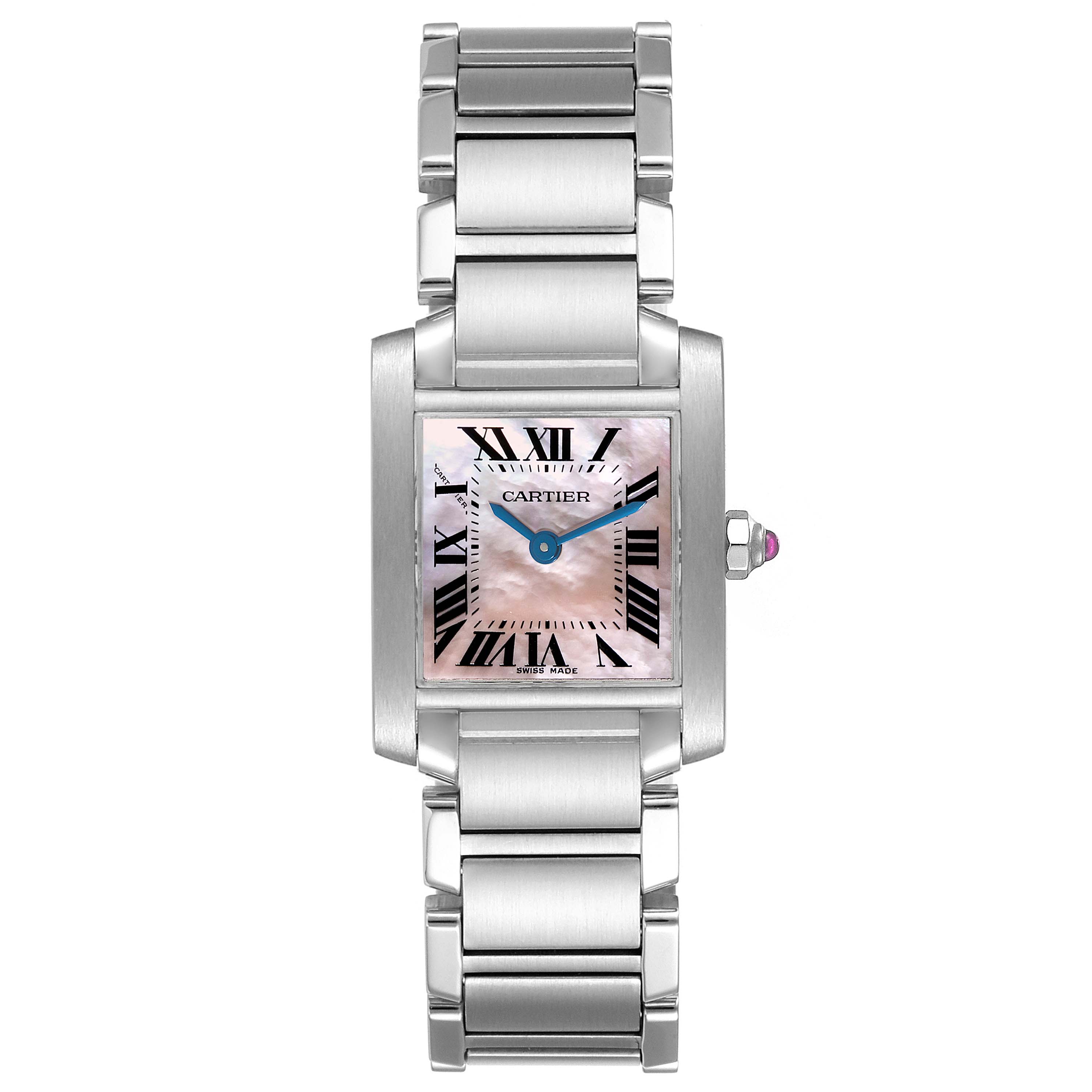 This image shows a Cartier Tank Francaise W51028Q3 Women
s Stainless Steel Mother of Pearl Dial W51028Q3 Women
s Stainless Steel Mother of Pearl Dial watch from a top view, highlighting the rectangular case, pink dial, and stainless steel bracelet.