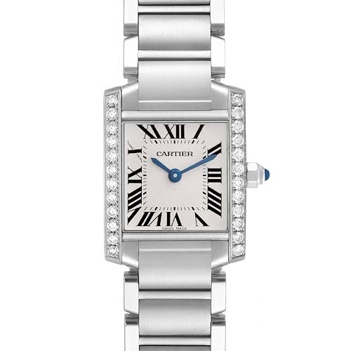 The Cartier Tank Francaise W4TA0008 Women's Stainless Steel Silver Dial watch is shown from a top-down angle, highlighting the dial, case, diamond-set bezel, and metal bracelet.
