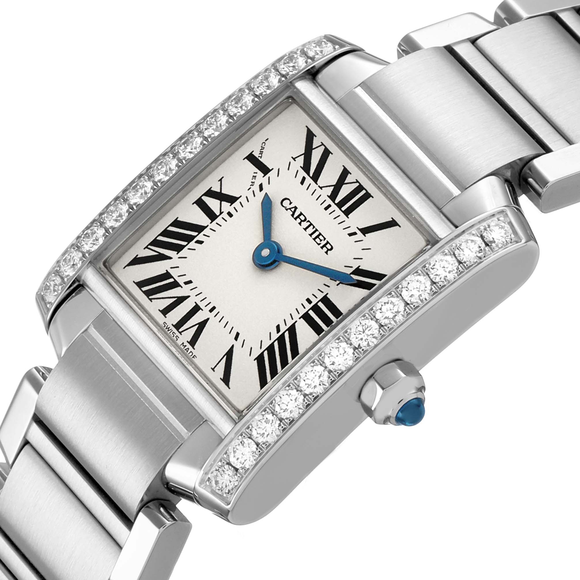 The Cartier Tank Française watch is shown at an angle highlighting the rectangular face, blue hands, Roman numerals, and diamond-set bezel.