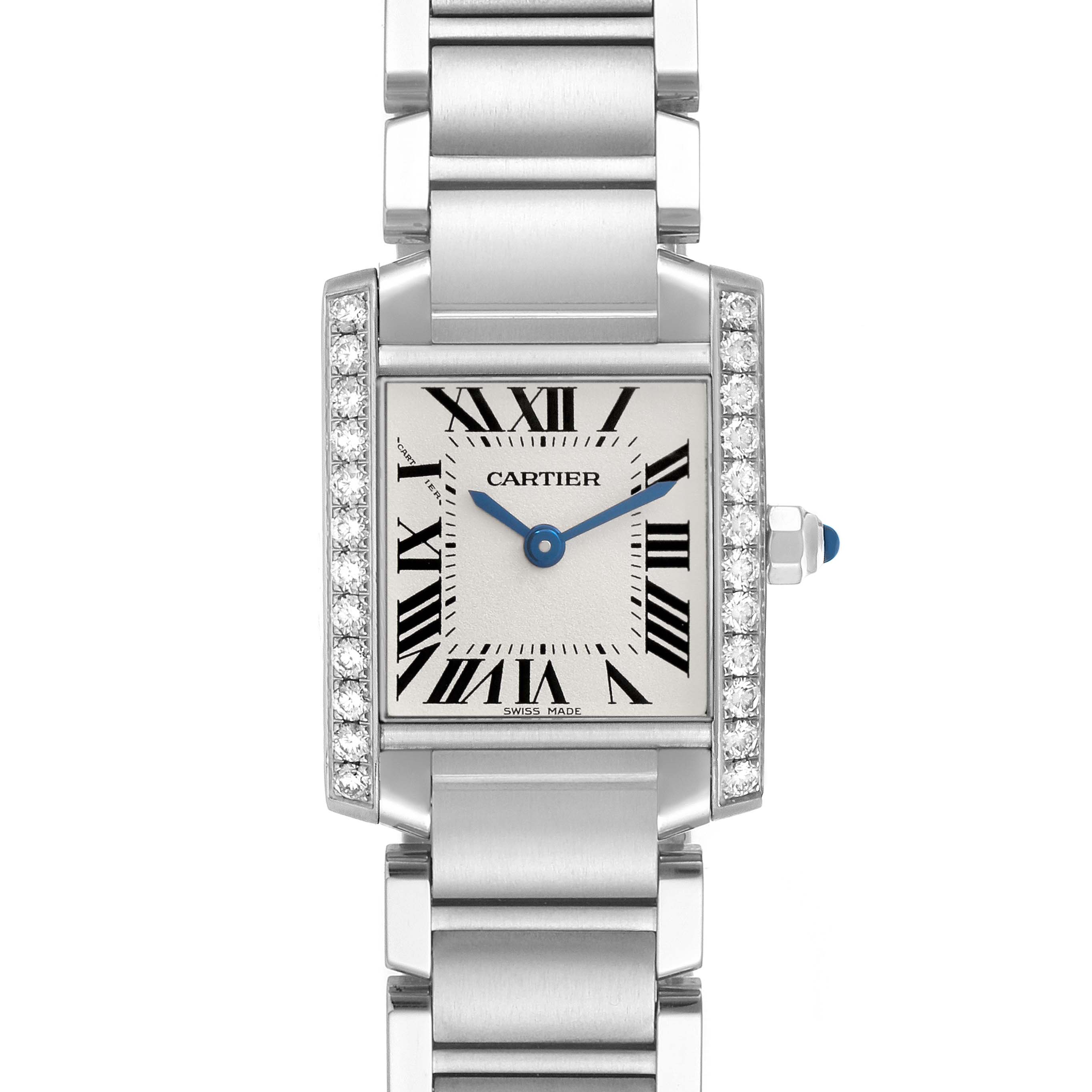 The Cartier Tank Francaise W4TA0008 Women's Stainless Steel Silver Dial watch is shown from a frontal angle, displaying the face, Roman numerals, hands, bezel, and bracelet.
