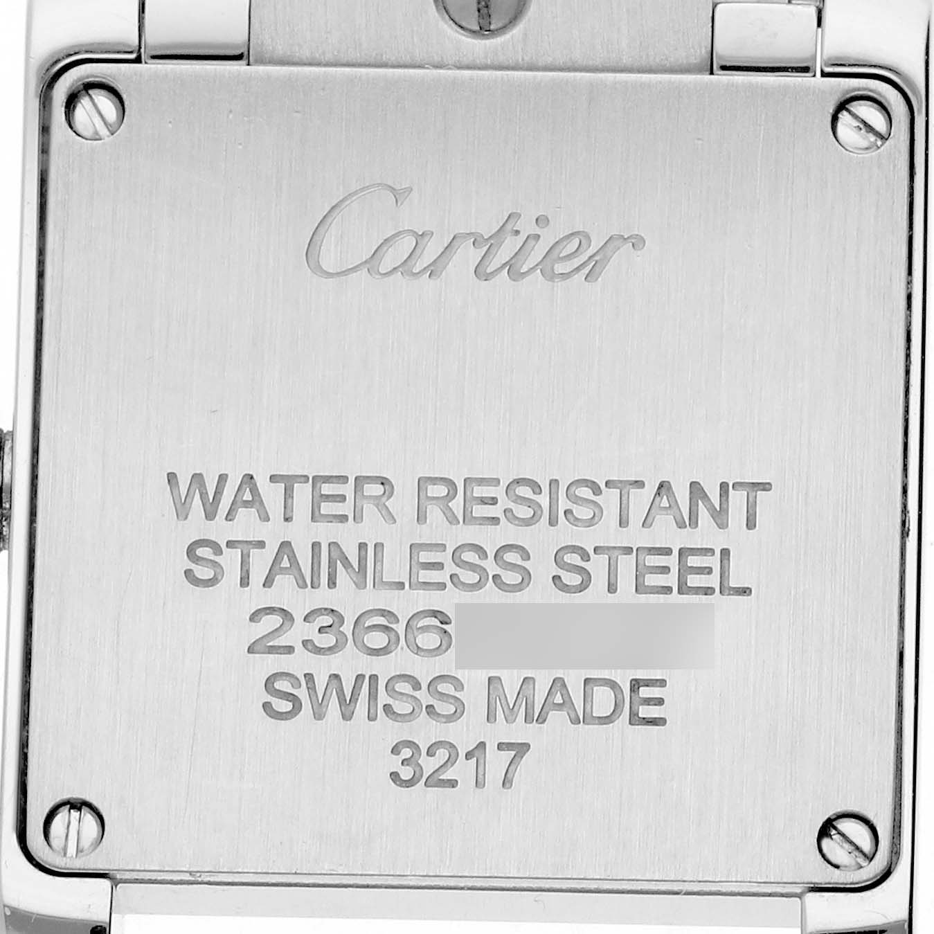 The image shows the back of a Cartier Tank Francaise W4TA0008 Women's Stainless Steel Silver Dial, highlighting its water resistance, stainless steel body, and Swiss origin.