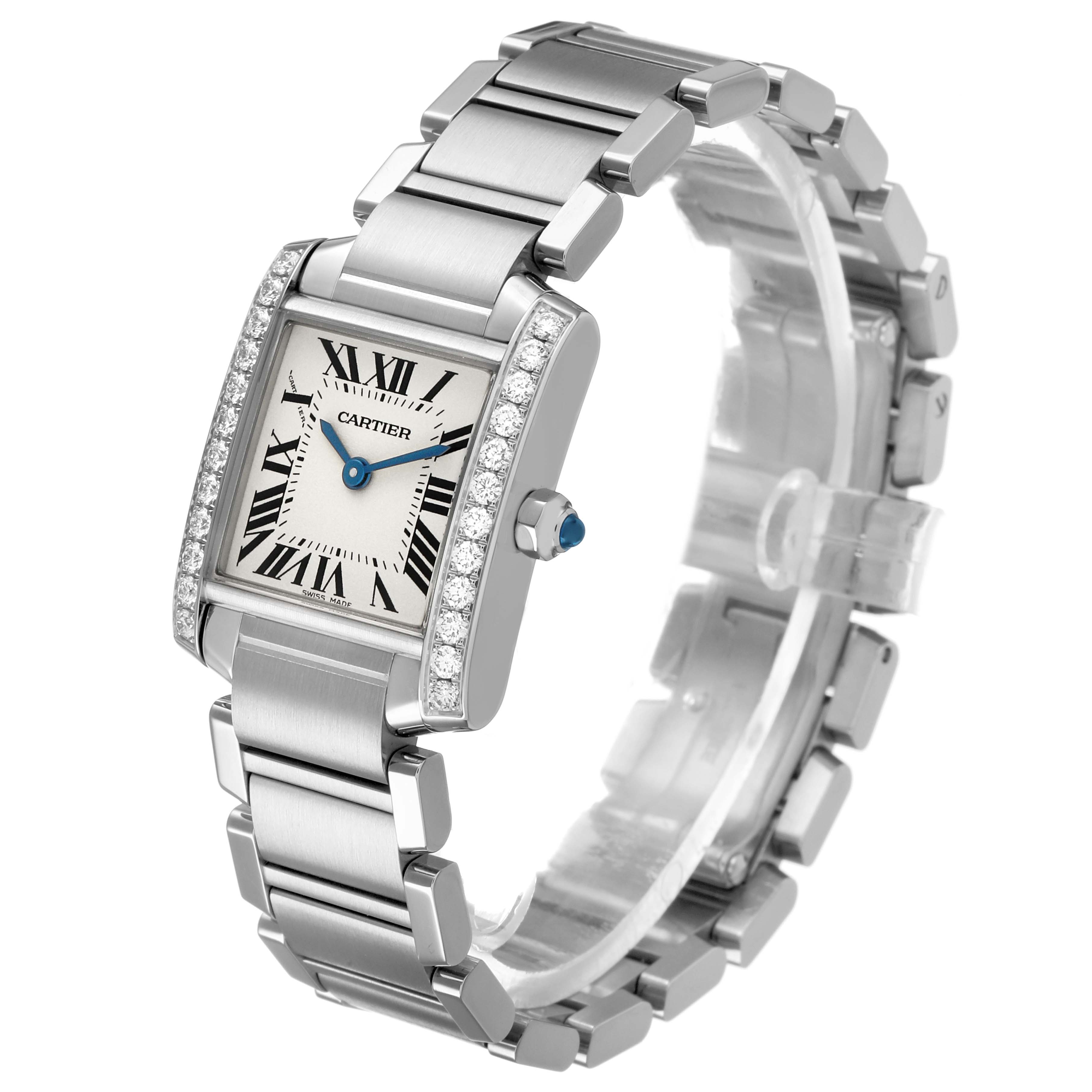The Cartier Tank Française watch is shown at a three-quarter angle, highlighting the case, bracelet, crown, and Roman numerals.