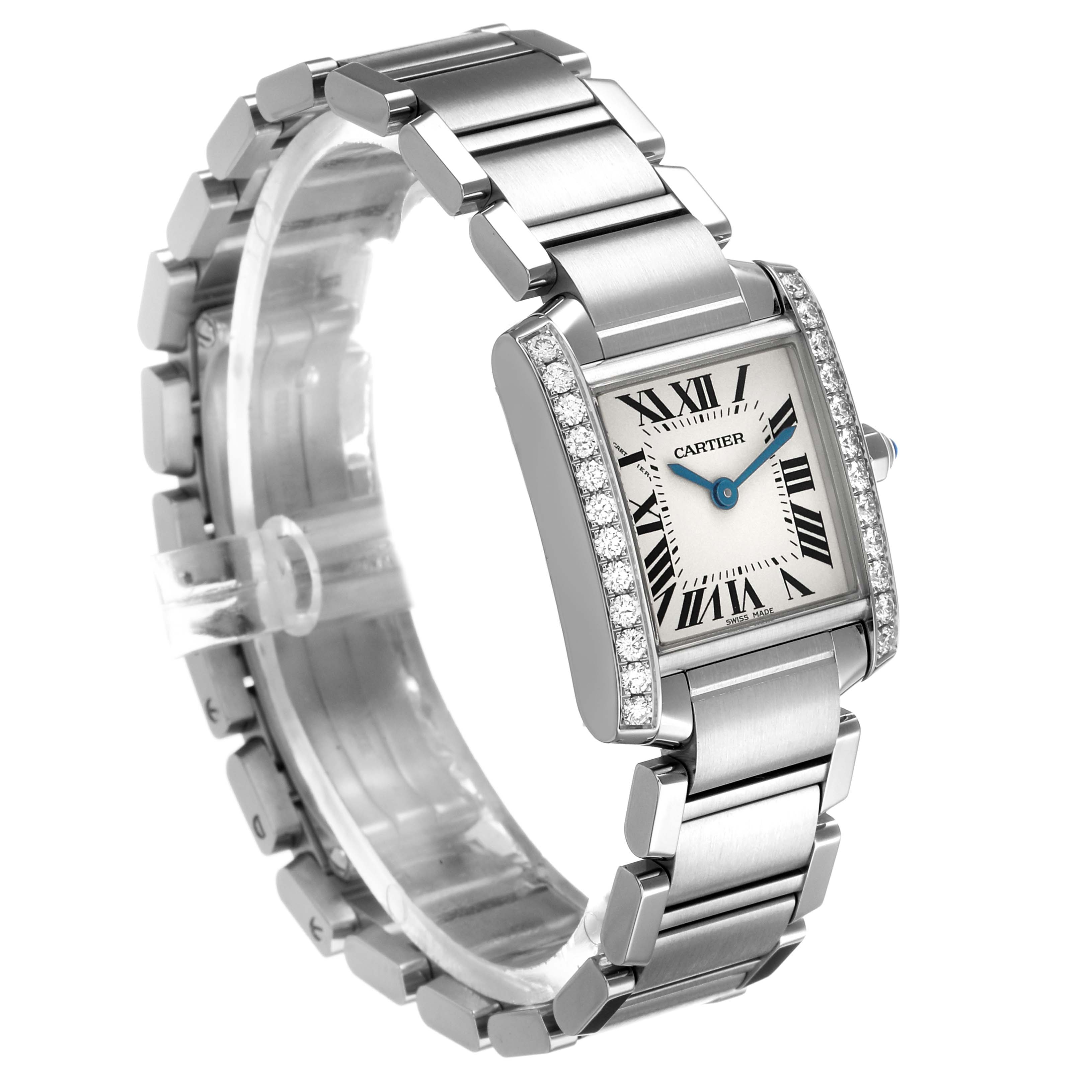 The Cartier Tank Francaise W4TA0008 Women's Stainless Steel Silver Dial watch is shown in a three-quarter angle, highlighting its stainless steel case and diamond-set bezel.
