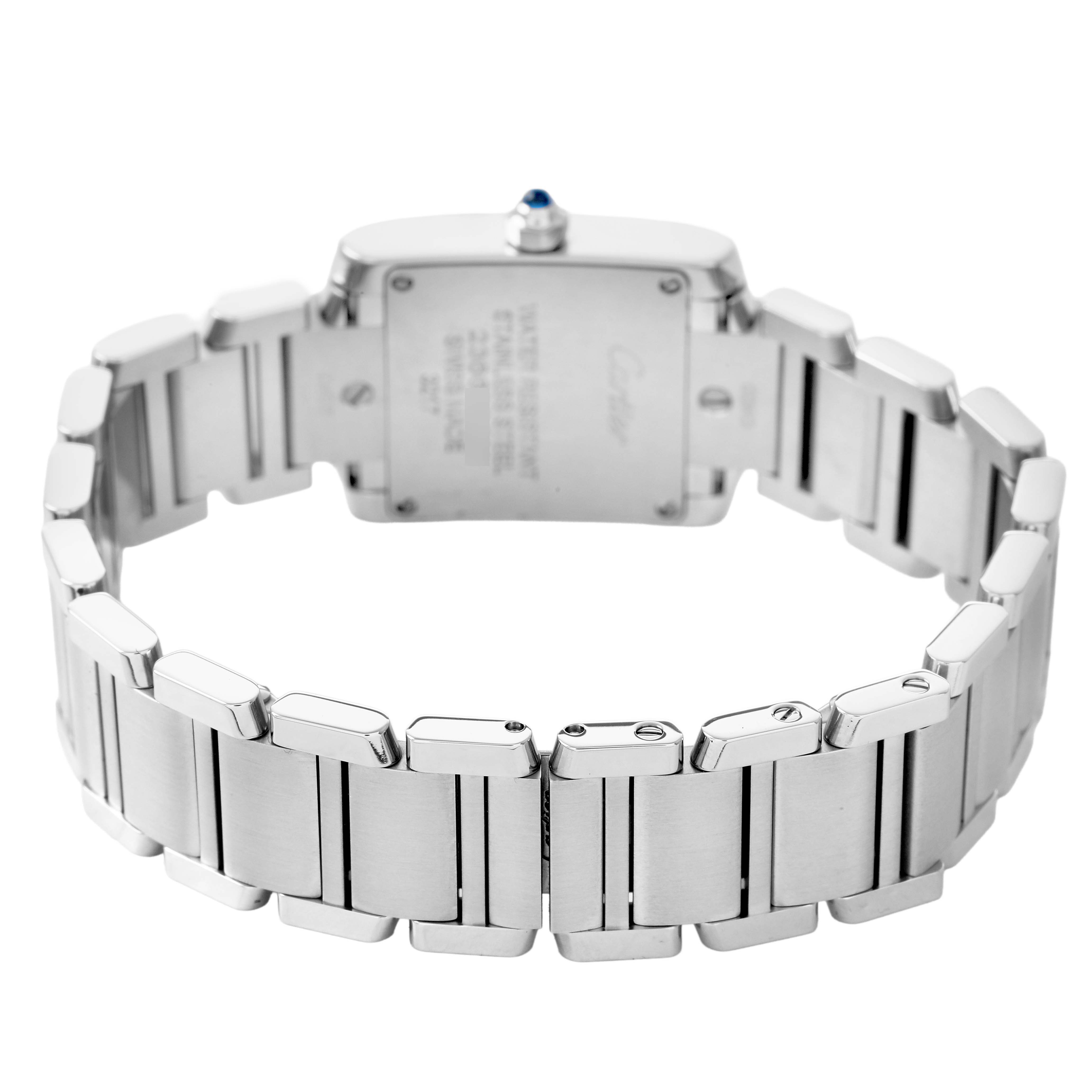 The Cartier Tank Francaise W4TA0008 Women's Stainless Steel Silver Dial watch is shown from the back, highlighting the metal bracelet and case back.