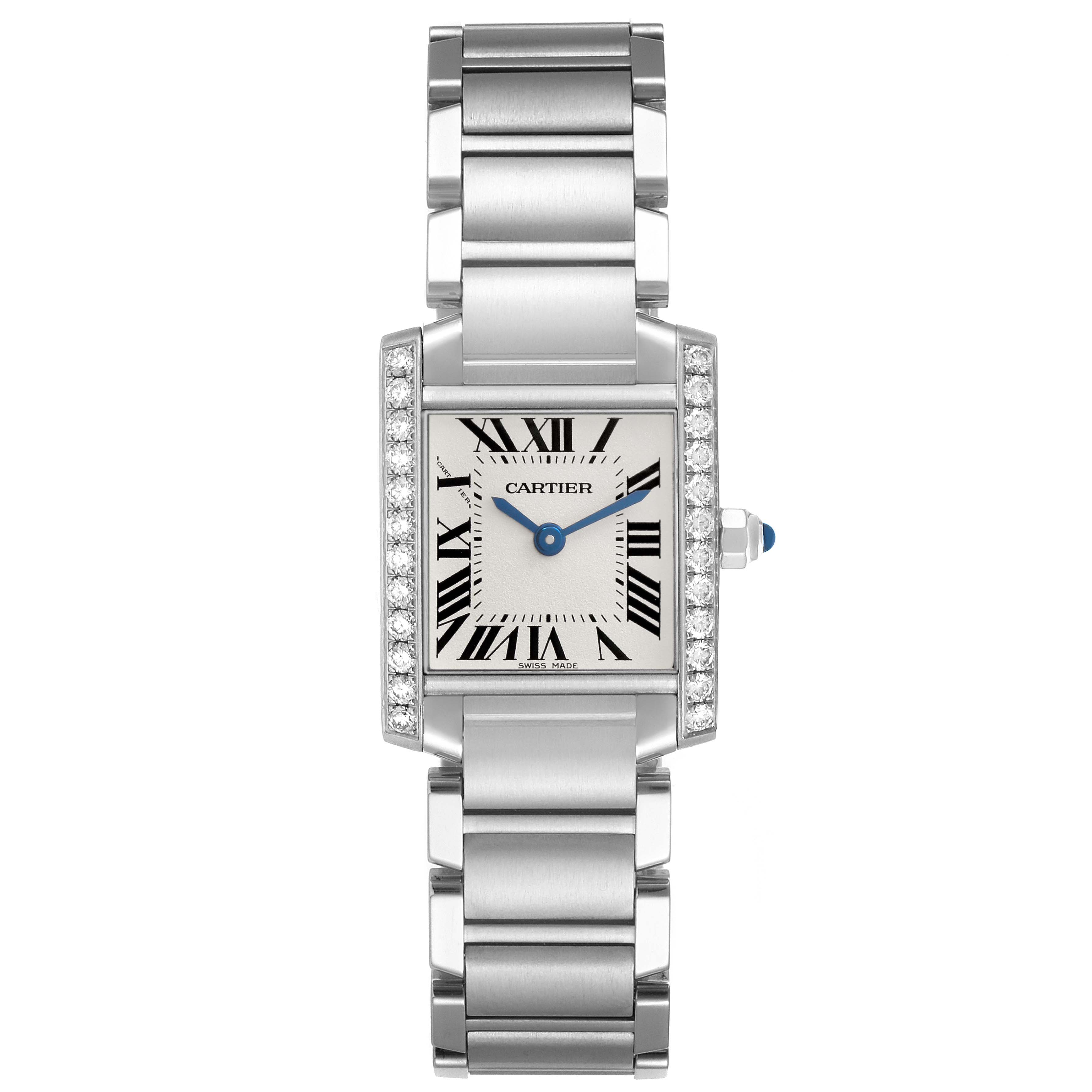 The Cartier Tank Française watch is shown from a top-down angle, highlighting the face, bracelet, and diamond bezel.