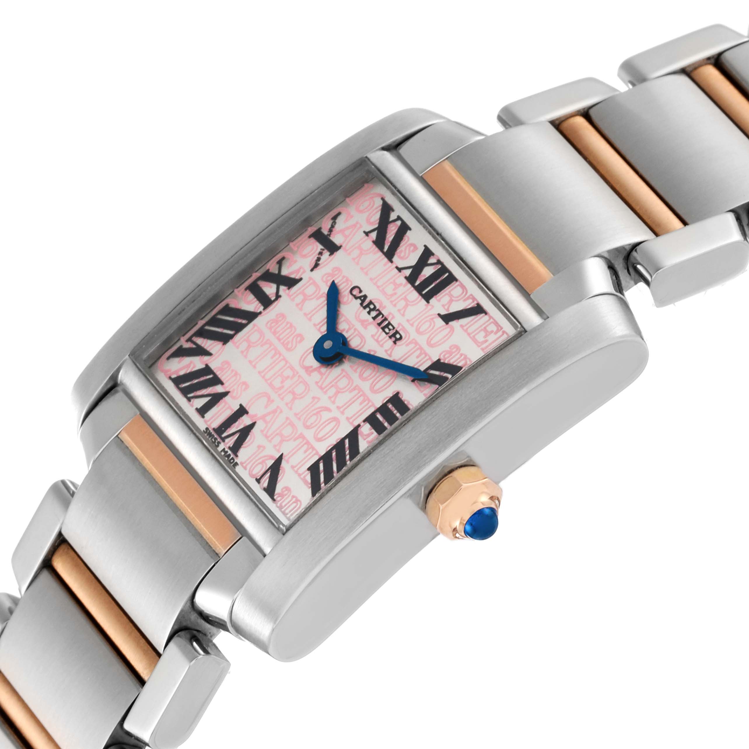 The image shows a side angle of the Cartier Tank Française watch, highlighting the face, crown, and bracelet.